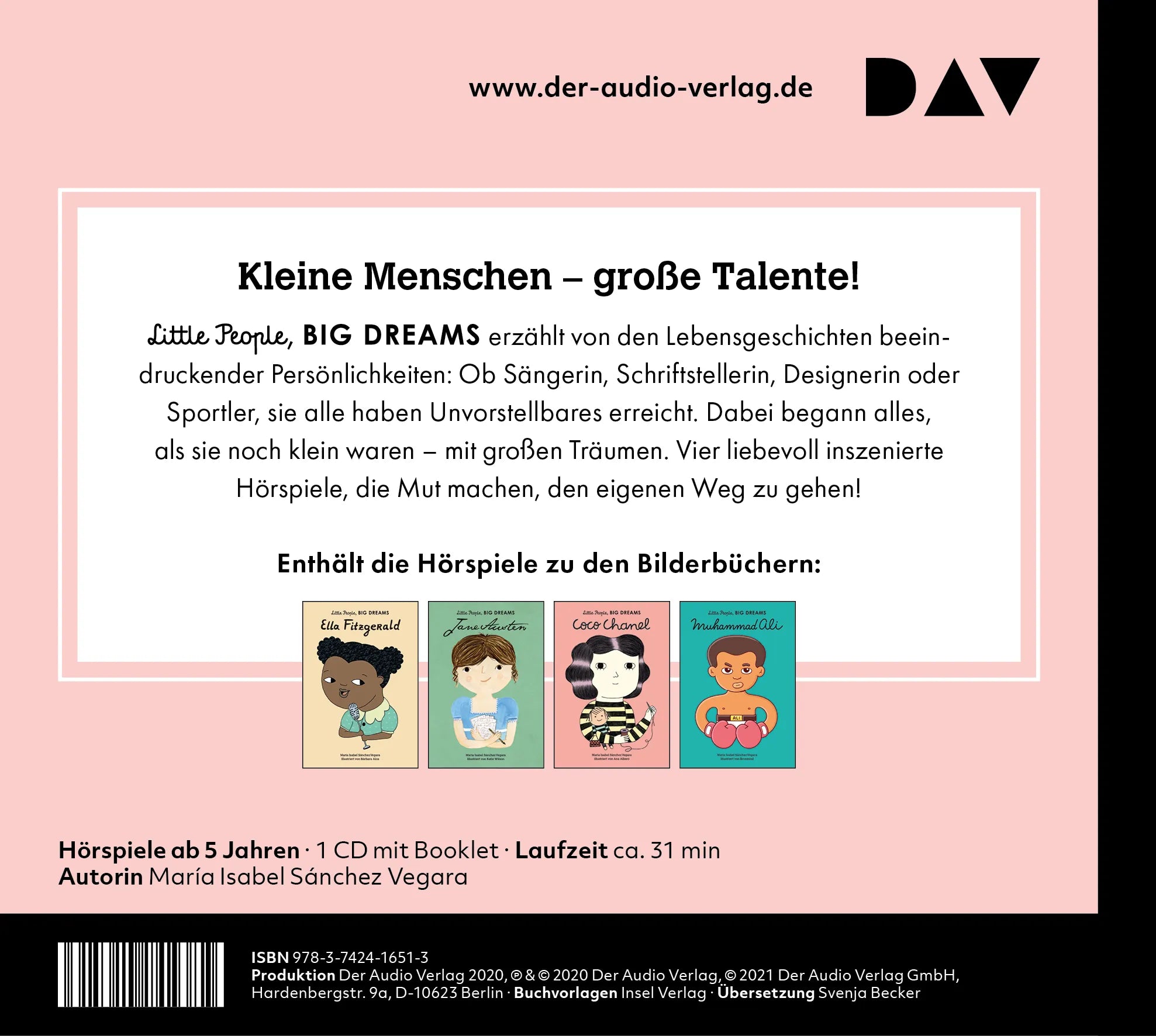 Buchrückseite von 'Little People, Big Dreams® – Teil 2: Ella Fitzgerald, Jane Austen, Coco Chanel, Muhammad Ali' mit Klappentext - Hörbuch (CD)