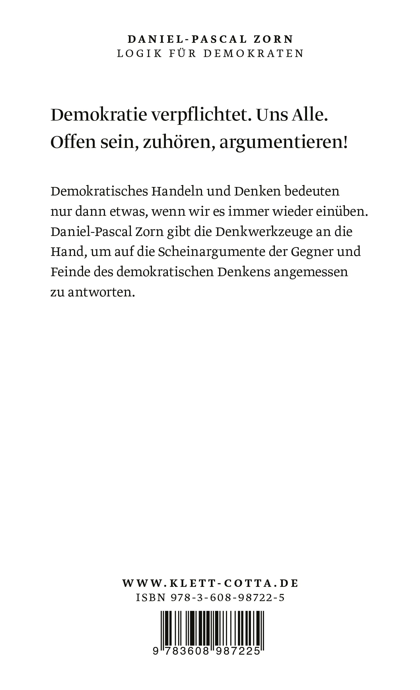 Buchrückseite von 'Logik für Demokraten' mit Klappentext - Paperback