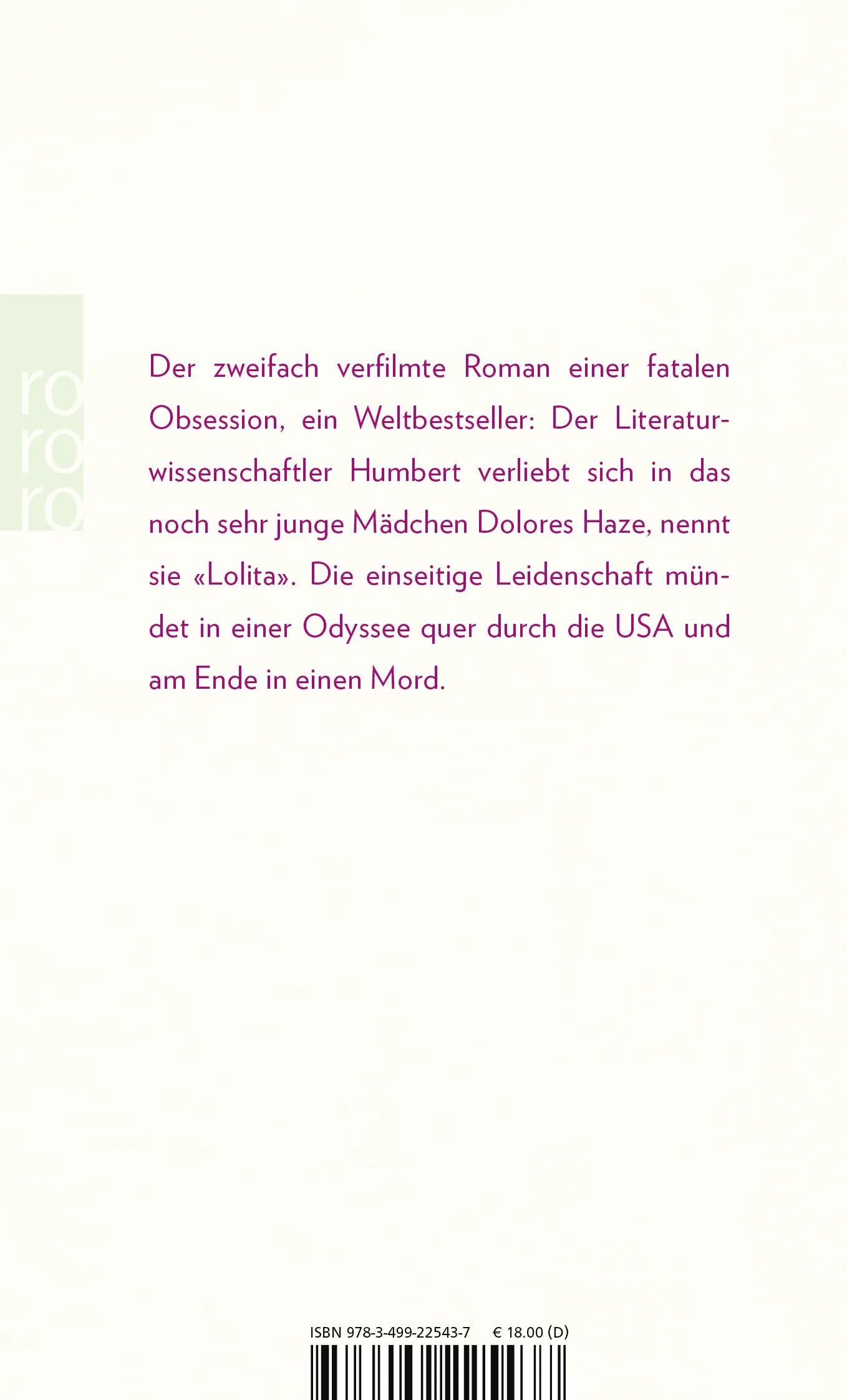 Buchrückseite von 'Lolita' mit Klappentext - Taschenbuch