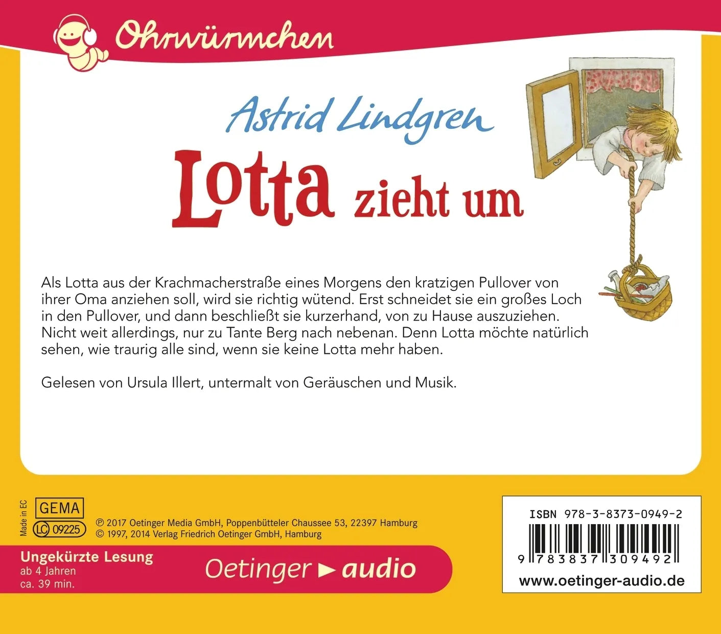 Buchrückseite von 'Lotta zieht um' mit Klappentext - Hörbuch (CD)