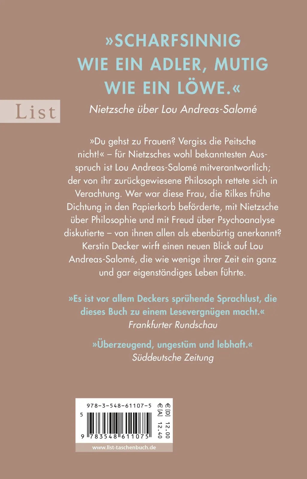 Buchrückseite von 'Lou Andreas-Salomé' mit Klappentext - Taschenbuch