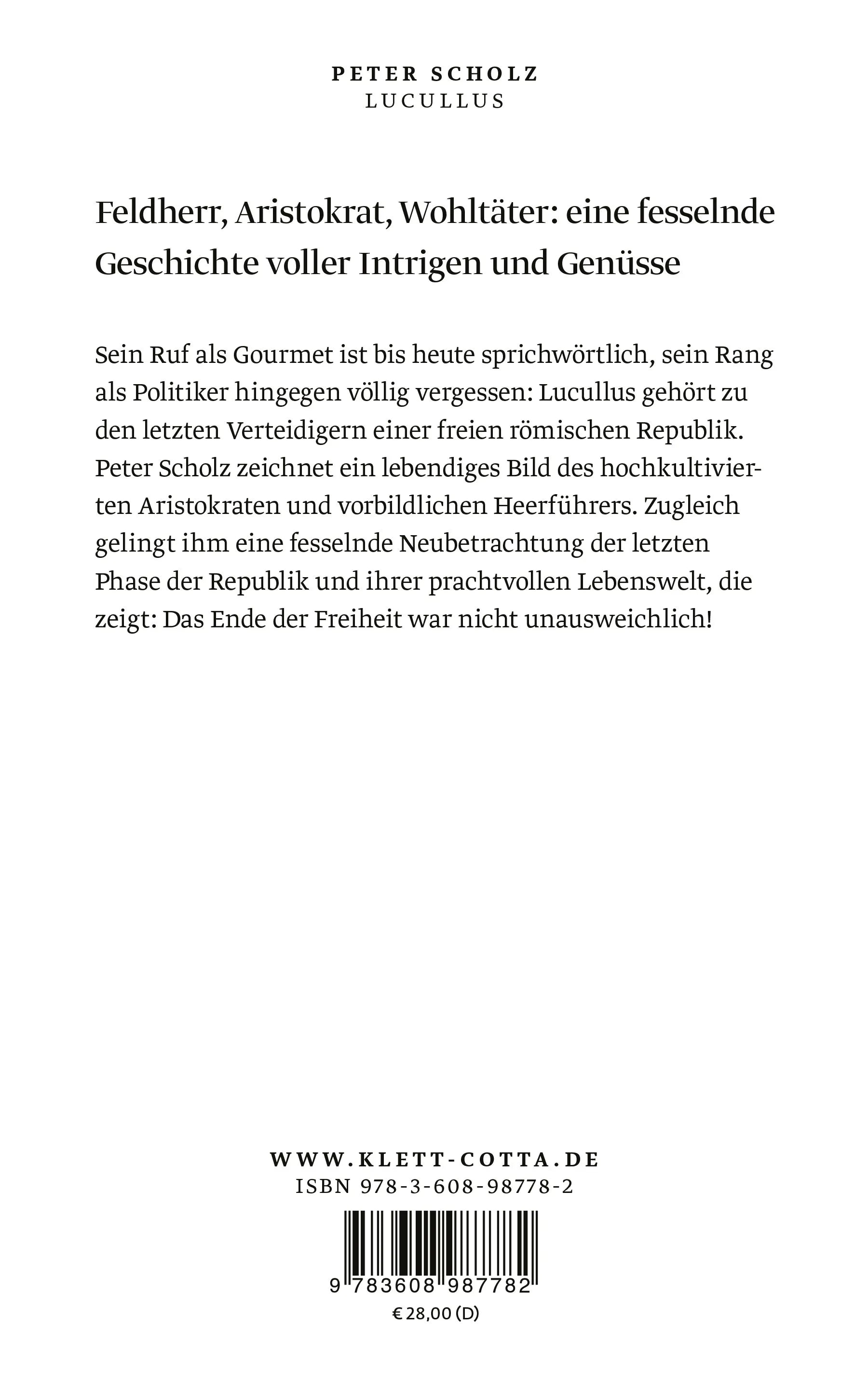 Buchrückseite von 'Lucullus' mit Klappentext - Gebundene Ausgabe