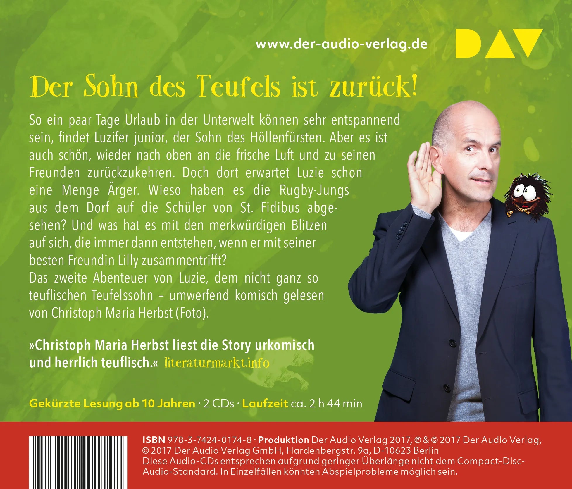 Buchrückseite von 'Luzifer junior – Teil 2: Ein teuflisch gutes Team' mit Klappentext - Hörbuch (CD)