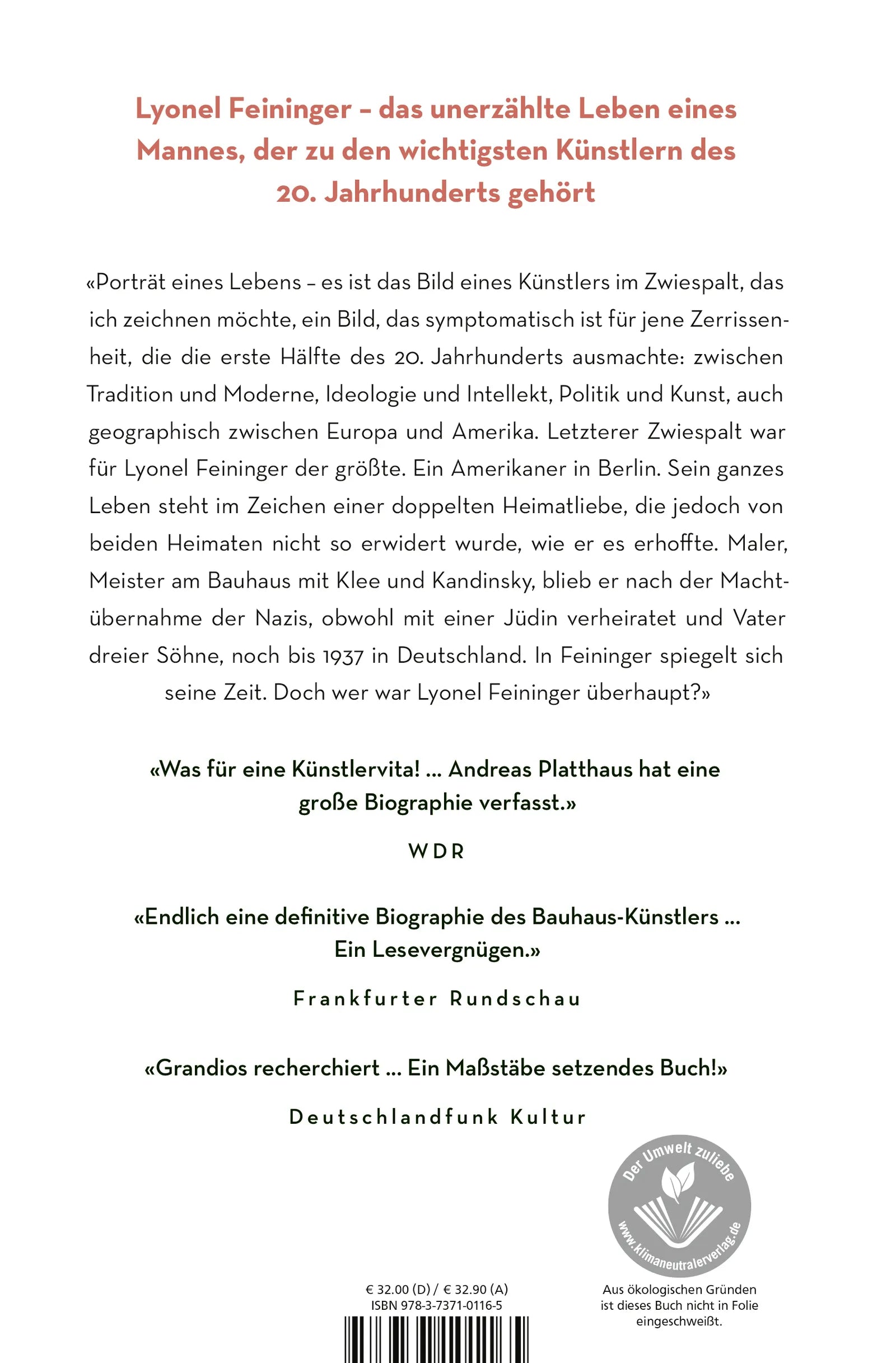 Buchrückseite von 'Lyonel Feininger' mit Klappentext - Gebundene Ausgabe