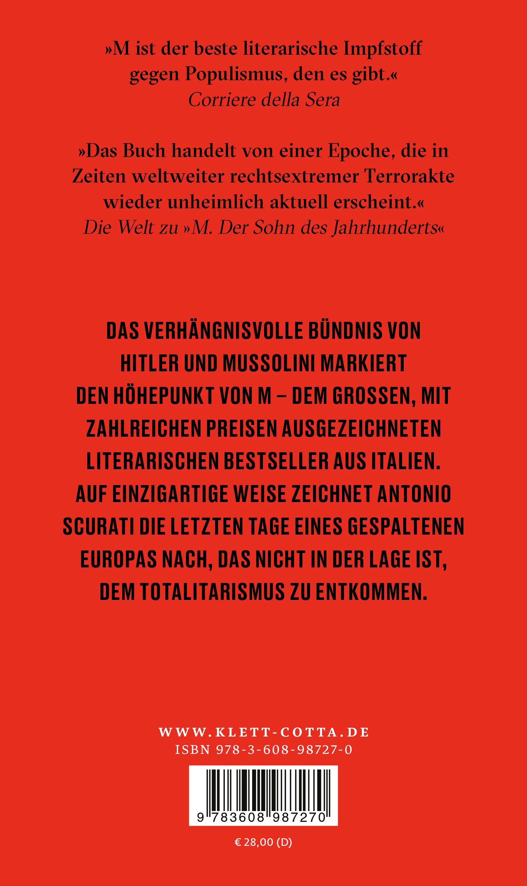 Buchrückseite von 'M. Die letzten Tage von Europa' mit Klappentext - Gebundene Ausgabe