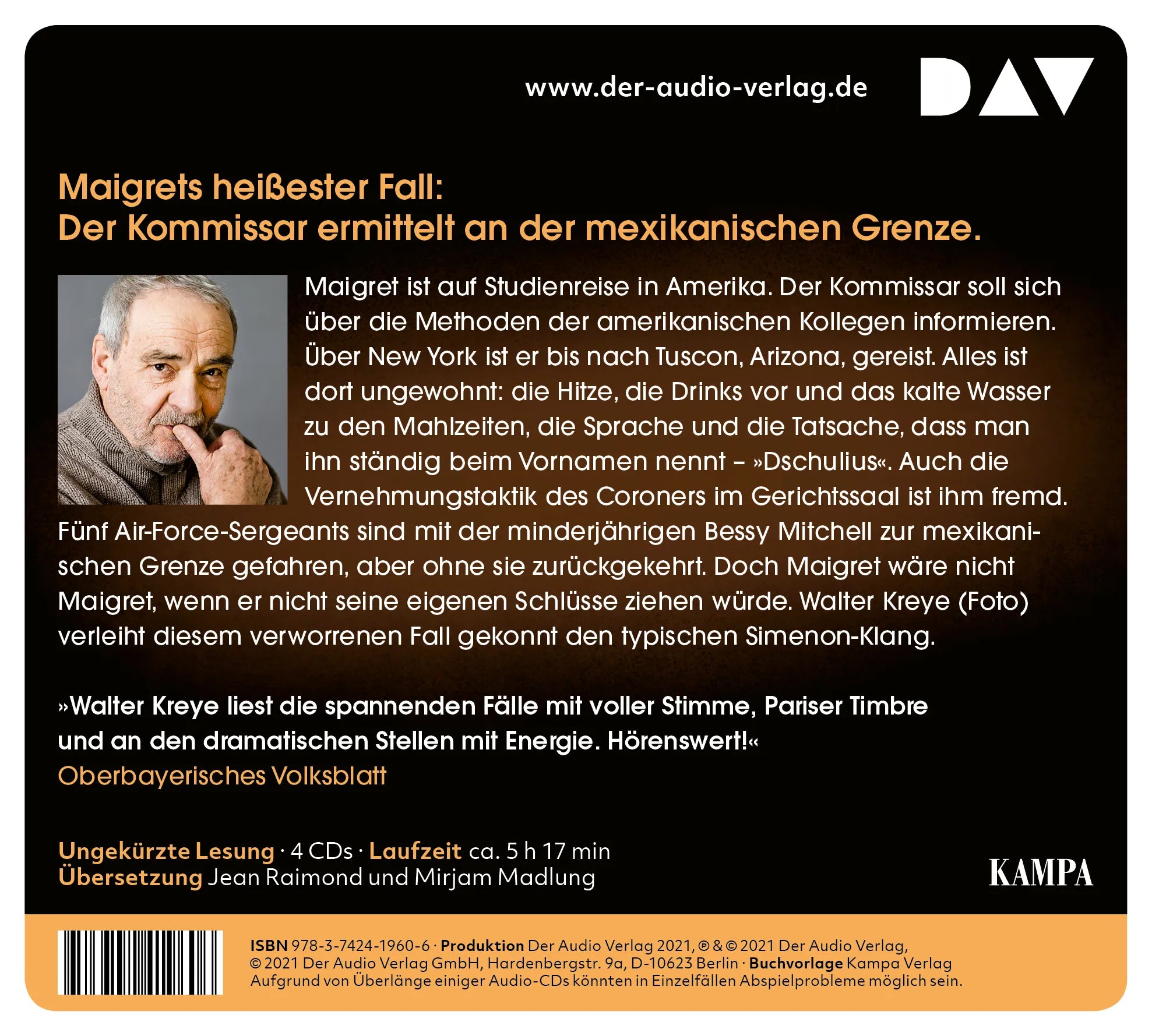 Buchrückseite von 'Maigret in Arizona' mit Klappentext - Hörbuch (CD)