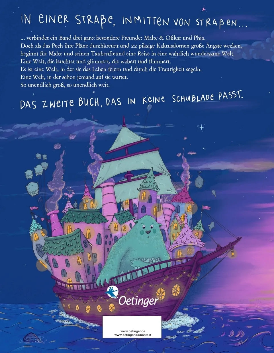 Buchrückseite von 'Malte & Oßkar und der Lauf der Dinge' mit Klappentext - Gebundene Ausgabe