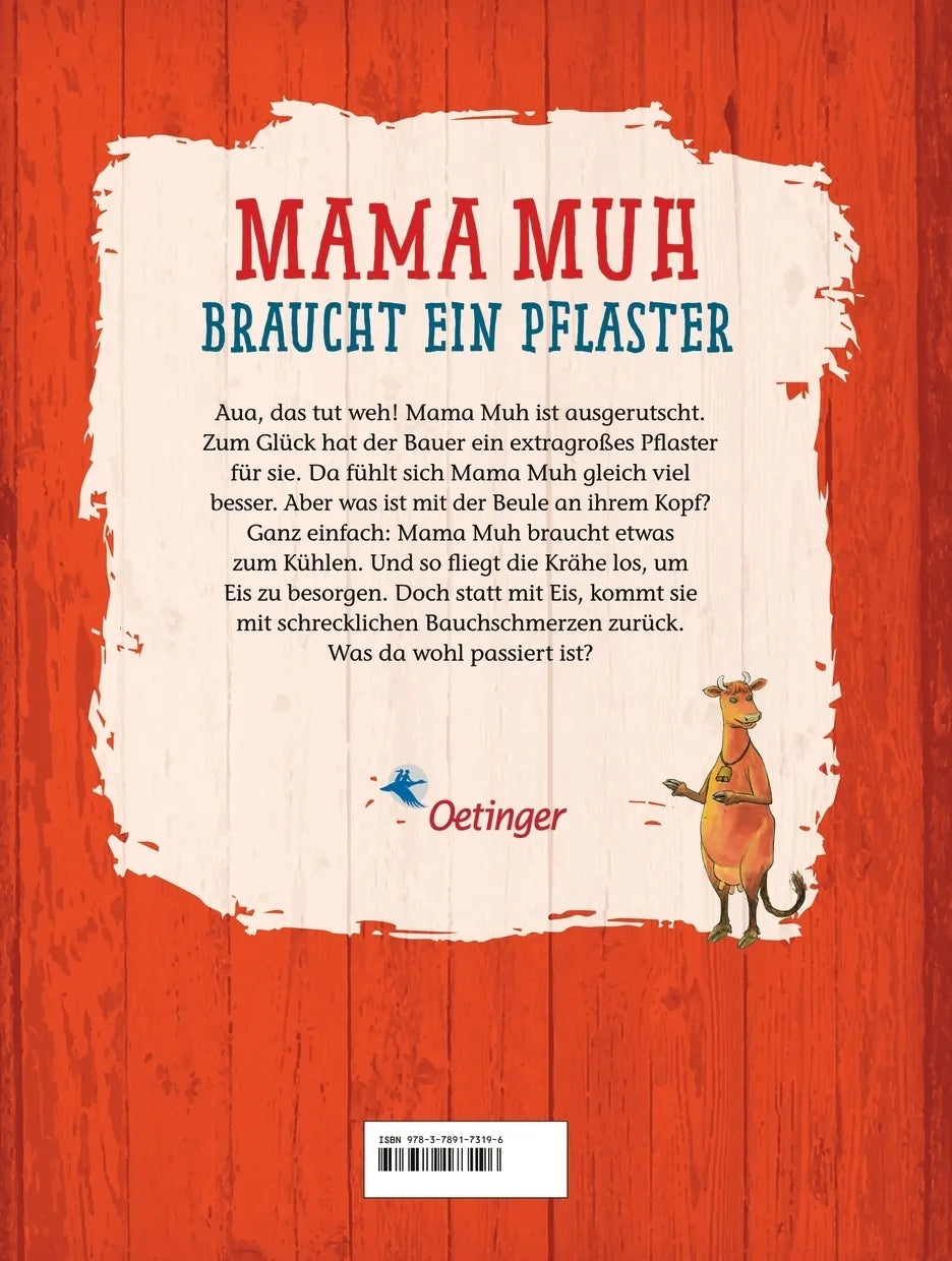 Buchrückseite von 'Mama Muh braucht ein Pflaster' mit Klappentext - Gebundene Ausgabe