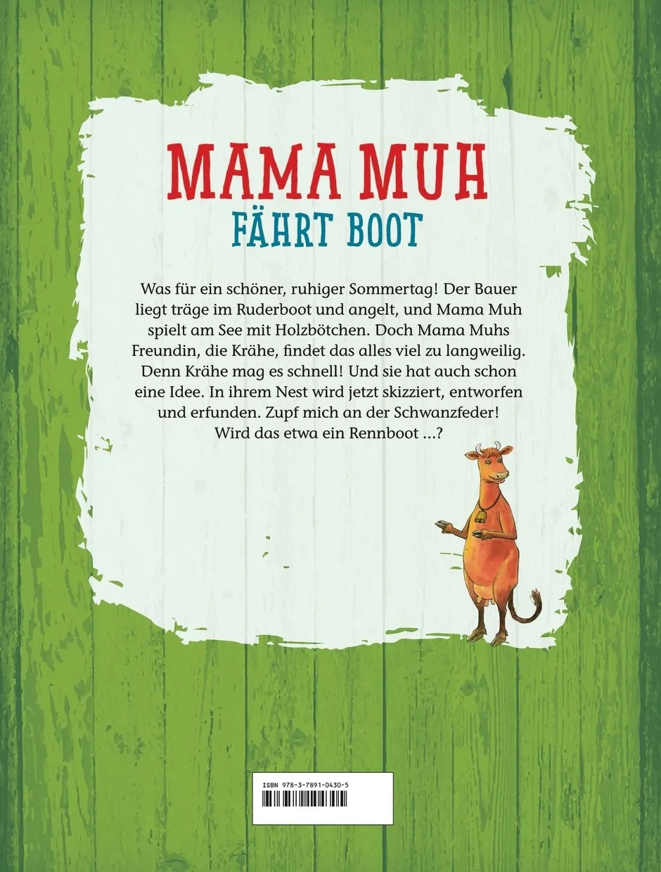 Buchrückseite von 'Mama Muh fährt Boot' mit Klappentext - Gebundene Ausgabe