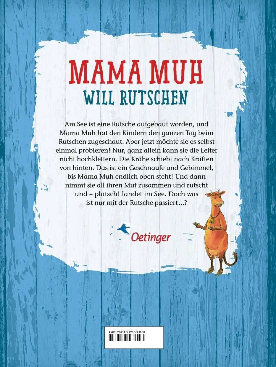 Buchrückseite von 'Mama Muh will rutschen' mit Klappentext - Gebundene Ausgabe