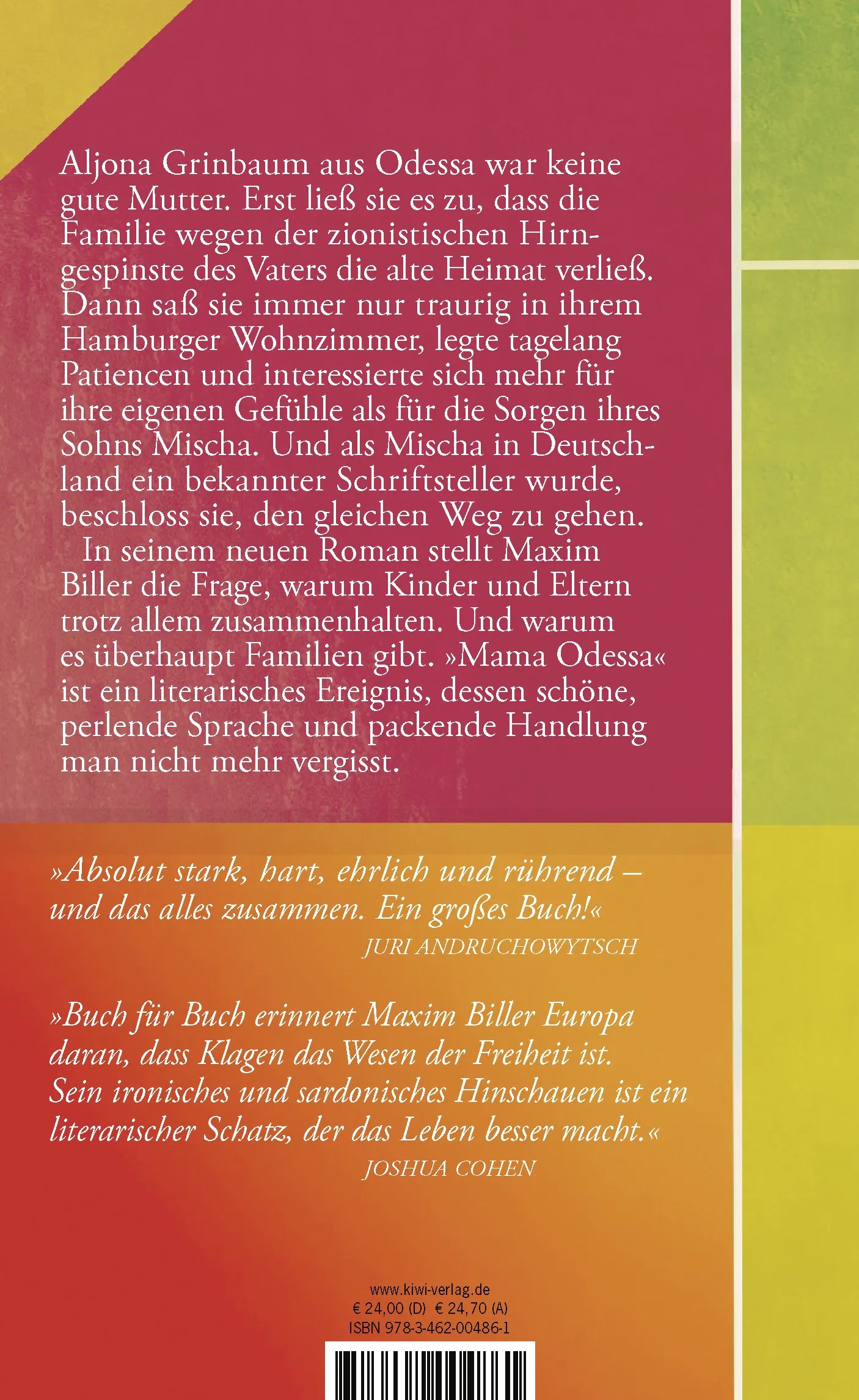 Buchrückseite von 'Mama Odessa' mit Klappentext - Gebundene Ausgabe