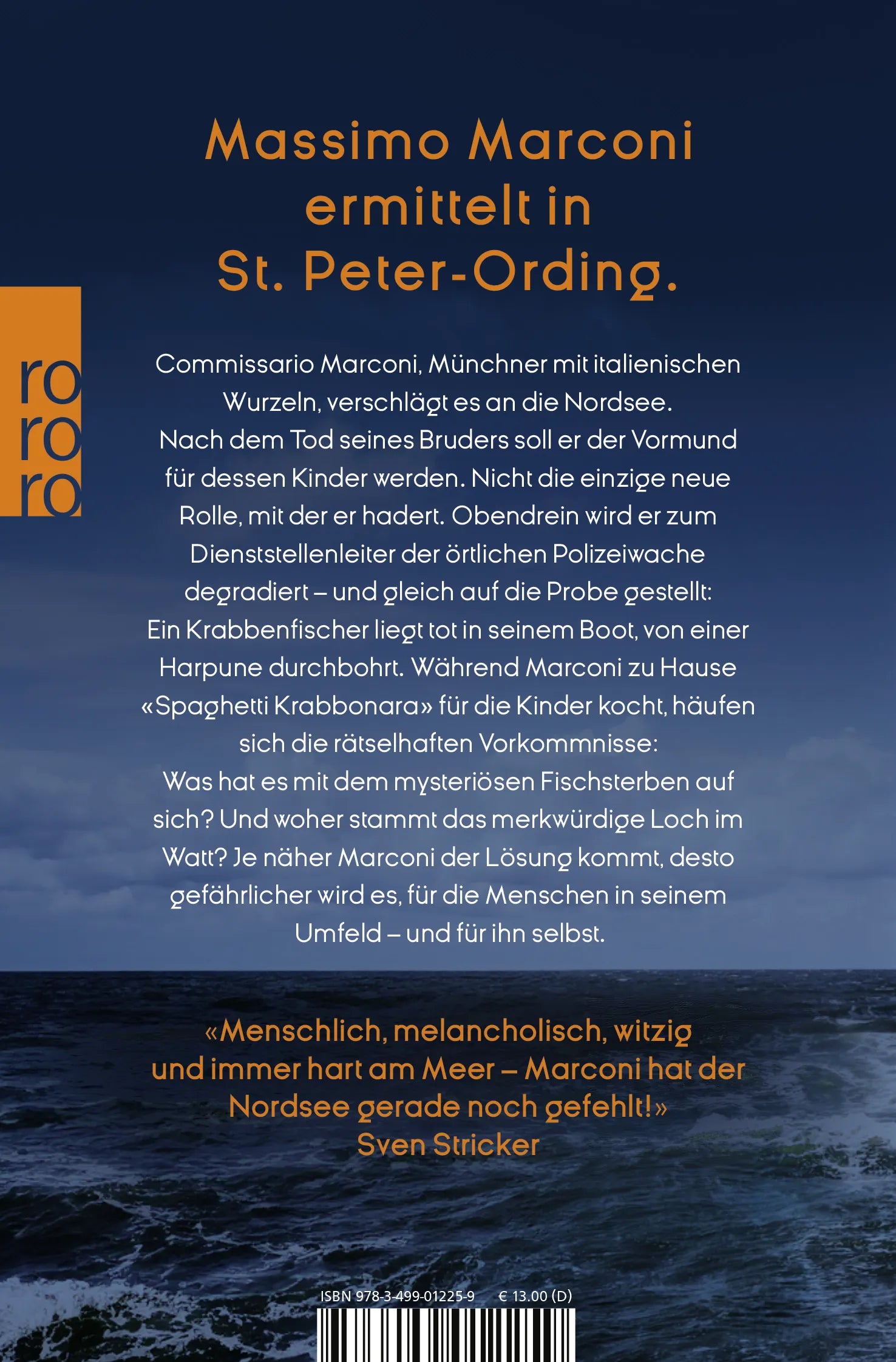 Buchrückseite von 'Marconi und der tote Krabbenfischer' mit Klappentext - Taschenbuch