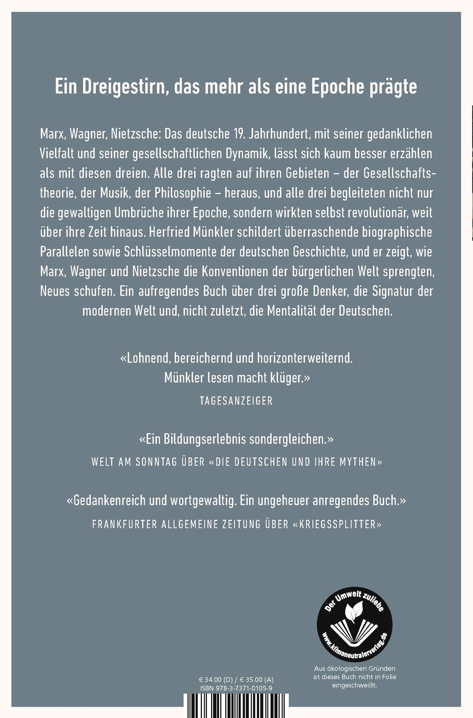 Buchrückseite von 'Marx, Wagner, Nietzsche' mit Klappentext - Gebundene Ausgabe