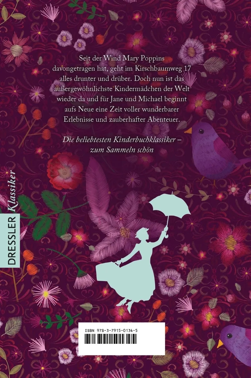 Buchrückseite von 'Mary Poppins 2. Mary Poppins kommt wieder' mit Klappentext - Gebundene Ausgabe