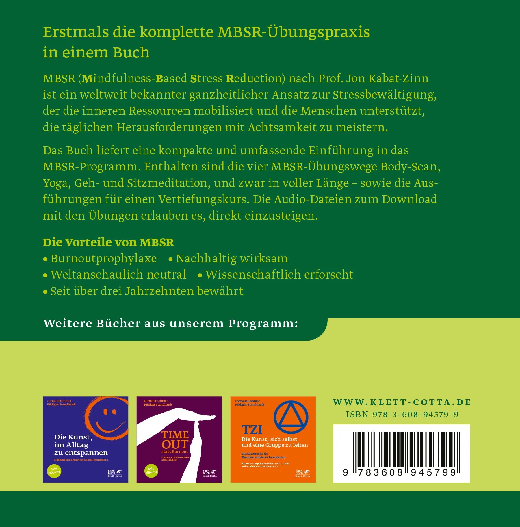 Buchrückseite von 'MBSR - Die Kunst, das ganze Leben zu umarmen' mit Klappentext - Gebundene Ausgabe