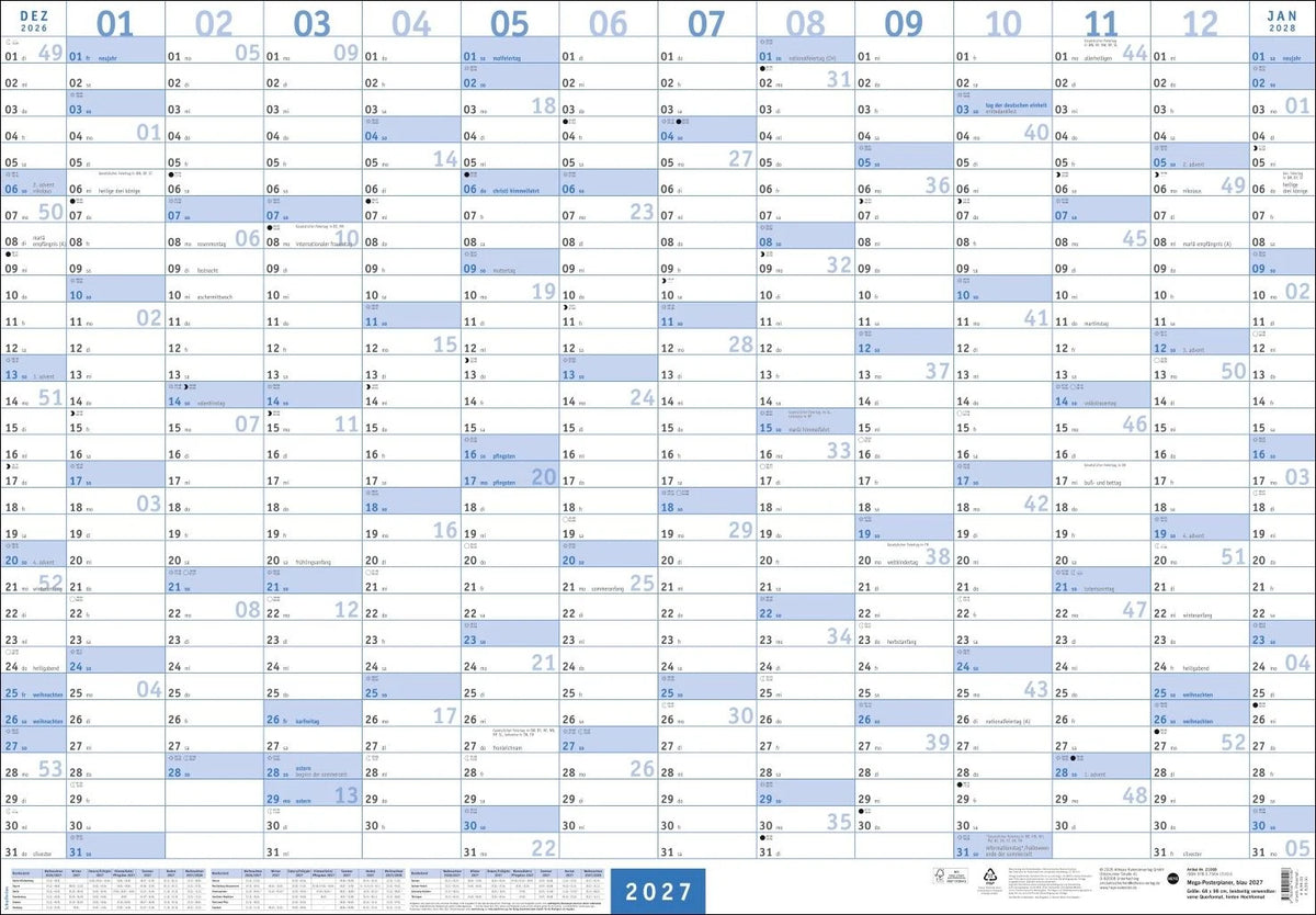 Wandkalender: Mega-Posterplaner, blau 2027