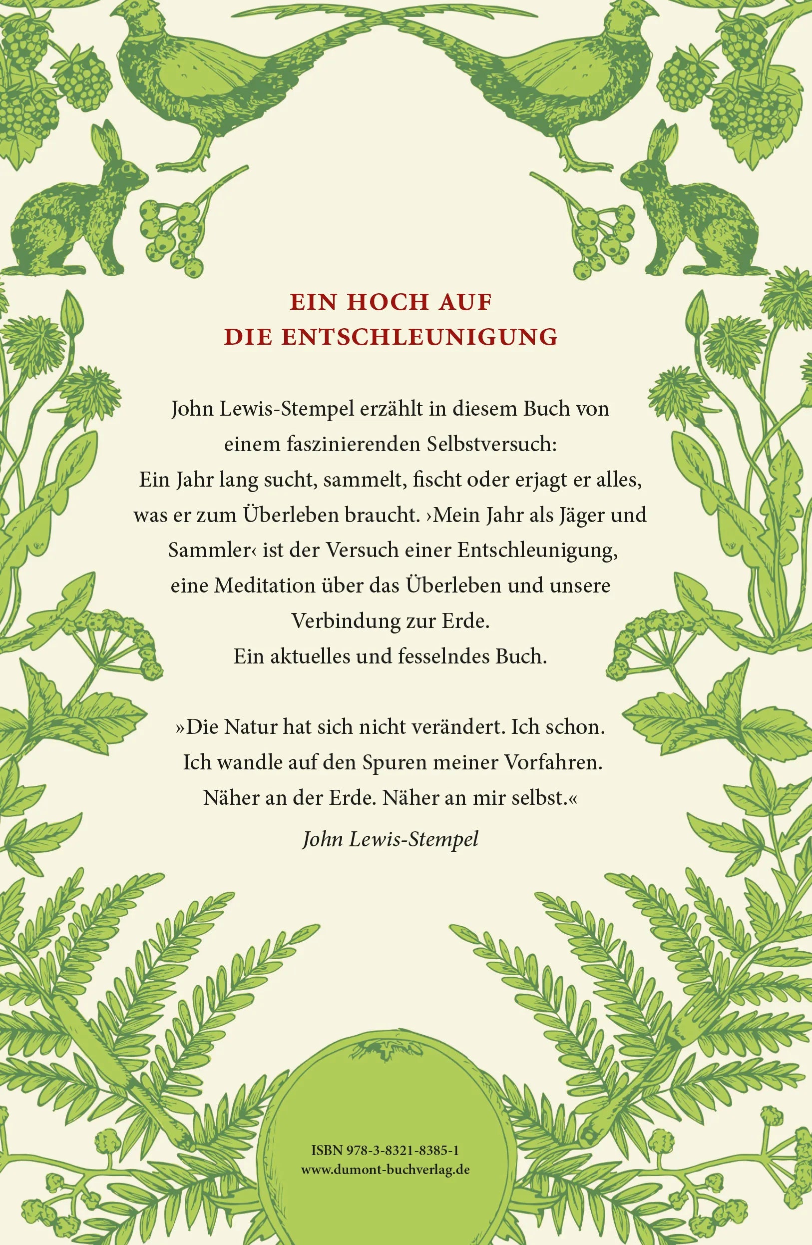 Buchrückseite von 'Mein Jahr als Jäger und Sammler' mit Klappentext - Gebundene Ausgabe