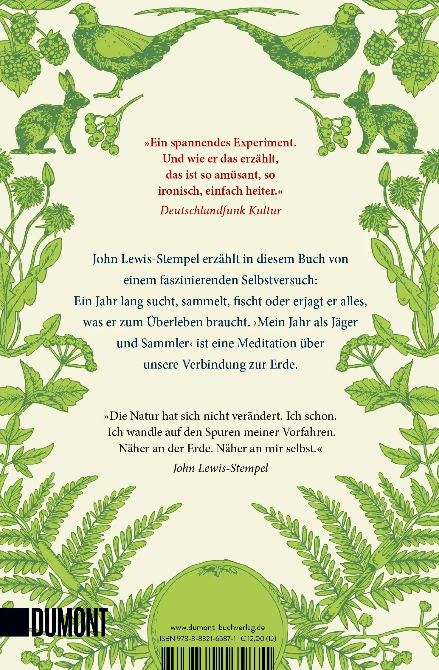 Buchrückseite von 'Mein Jahr als Jäger und Sammler' mit Klappentext - Taschenbuch