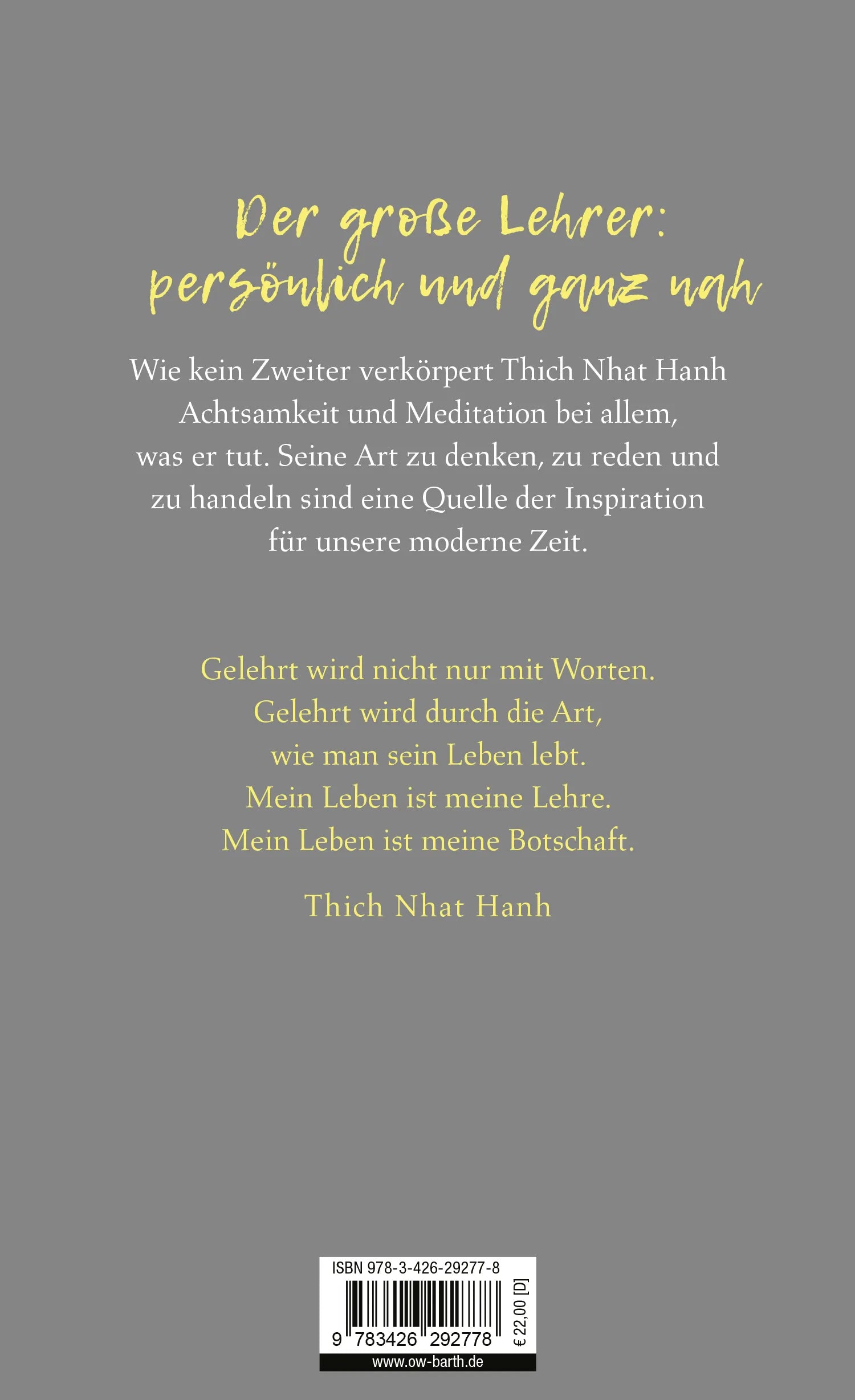 Buchrückseite von 'Mein Leben ist meine Lehre' mit Klappentext - Gebundene Ausgabe