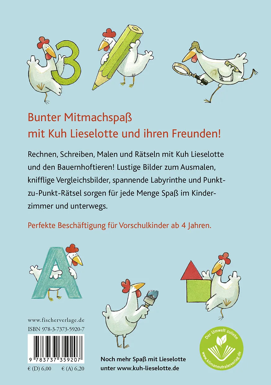 Buchrückseite von 'Mein lustiger Lieselotte Mitmachblock' mit Klappentext - Taschenbuch
