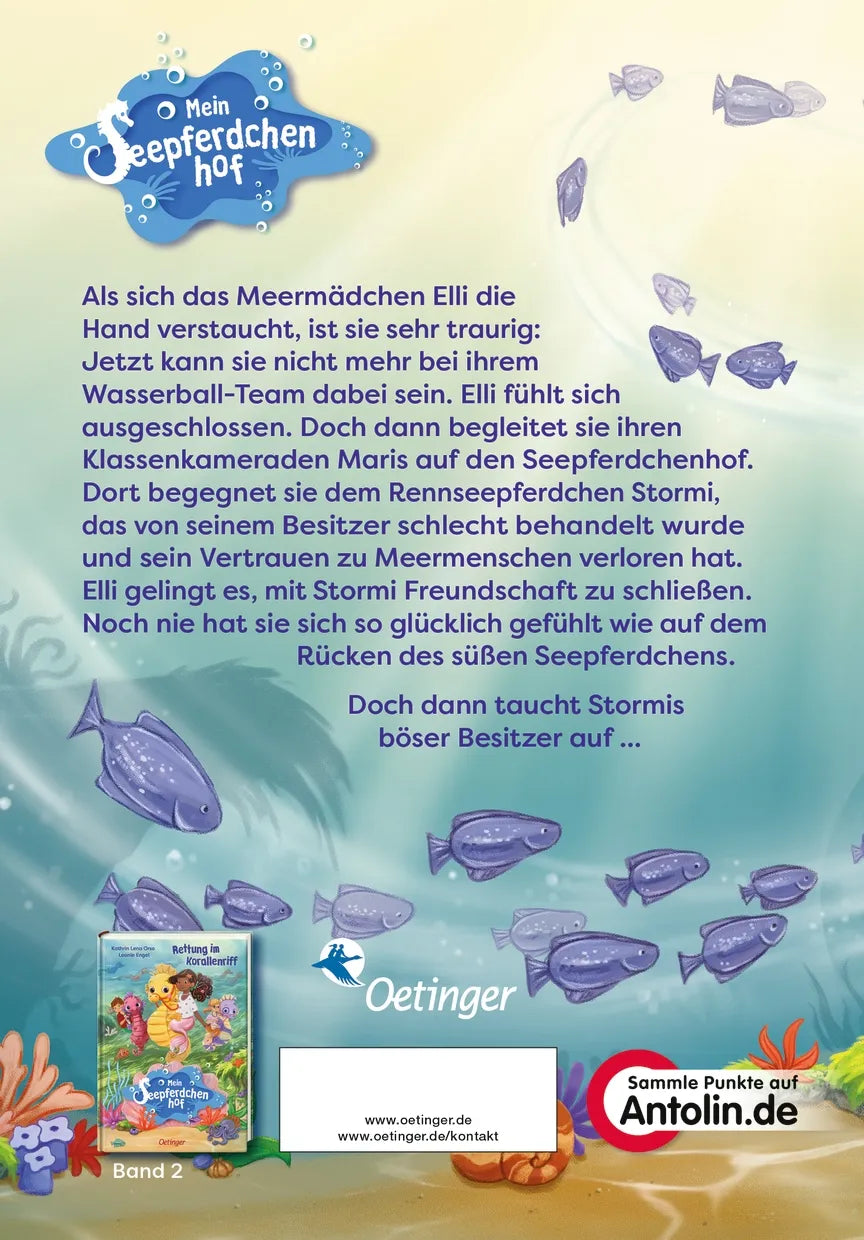 Buchrückseite von 'Mein Seepferdchenhof 1. Wilde Flosse, großes Herz' mit Klappentext - Gebundene Ausgabe