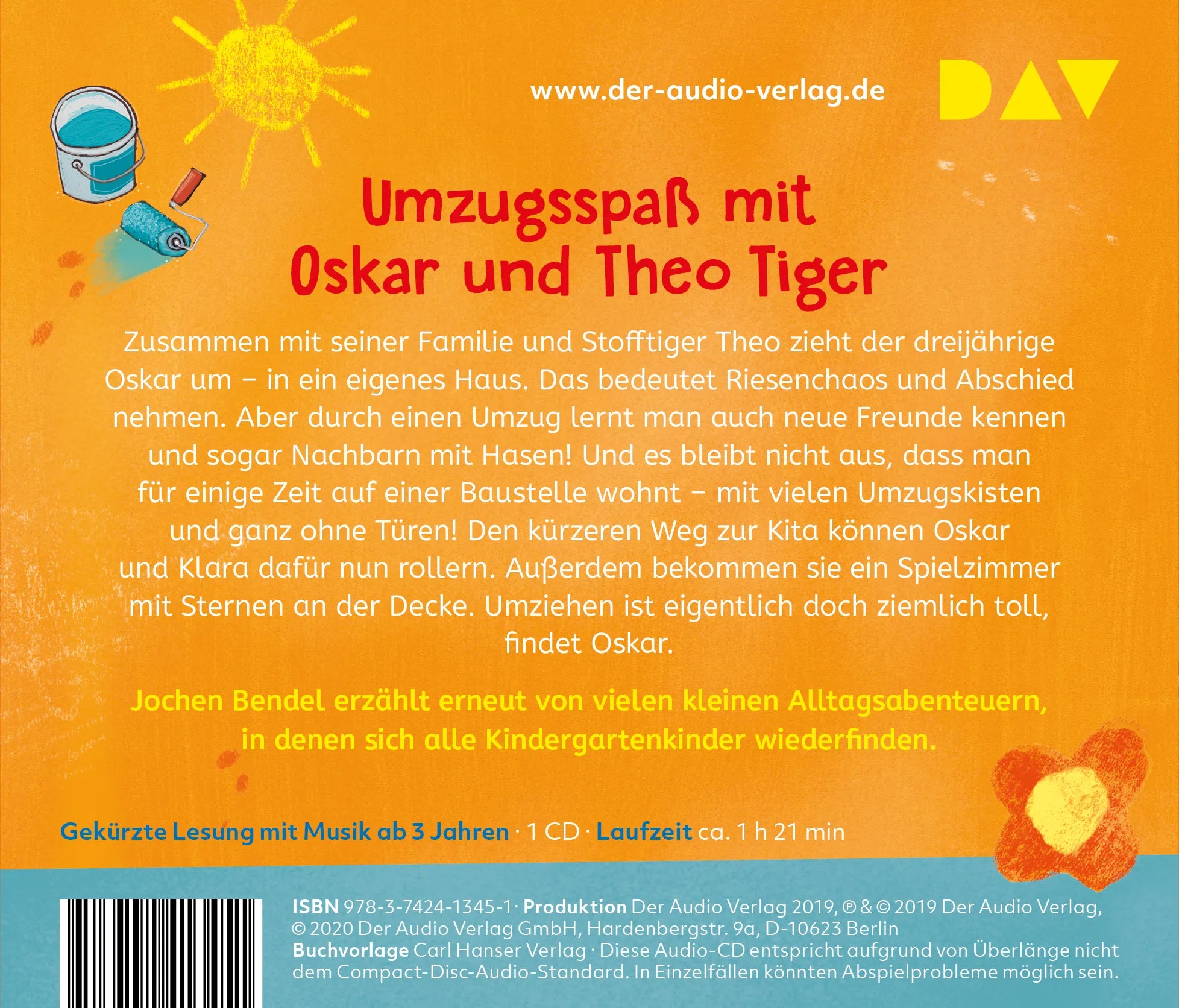 Buchrückseite von 'Mein Tiger zieht um und wir kommen mit' mit Klappentext - Hörbuch (CD)
