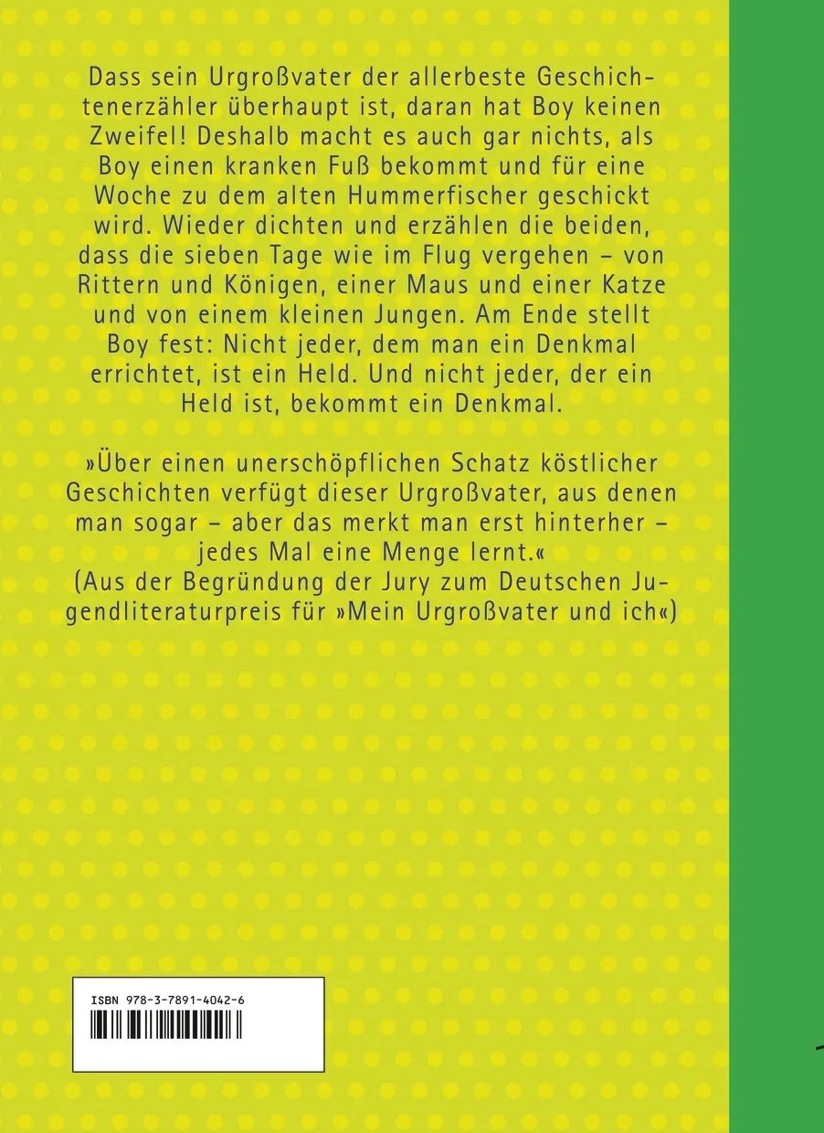 Buchrückseite von 'Mein Urgroßvater, die Helden und ich' mit Klappentext - Gebundene Ausgabe