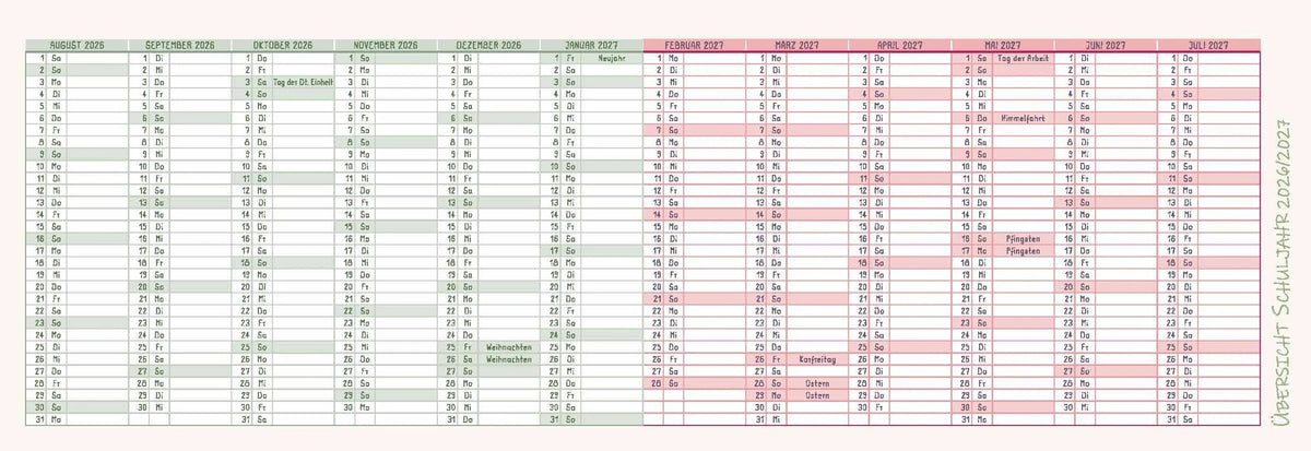Mein Wochen-Tischkalender für das Schuljahr 2026/2027 – Ansicht