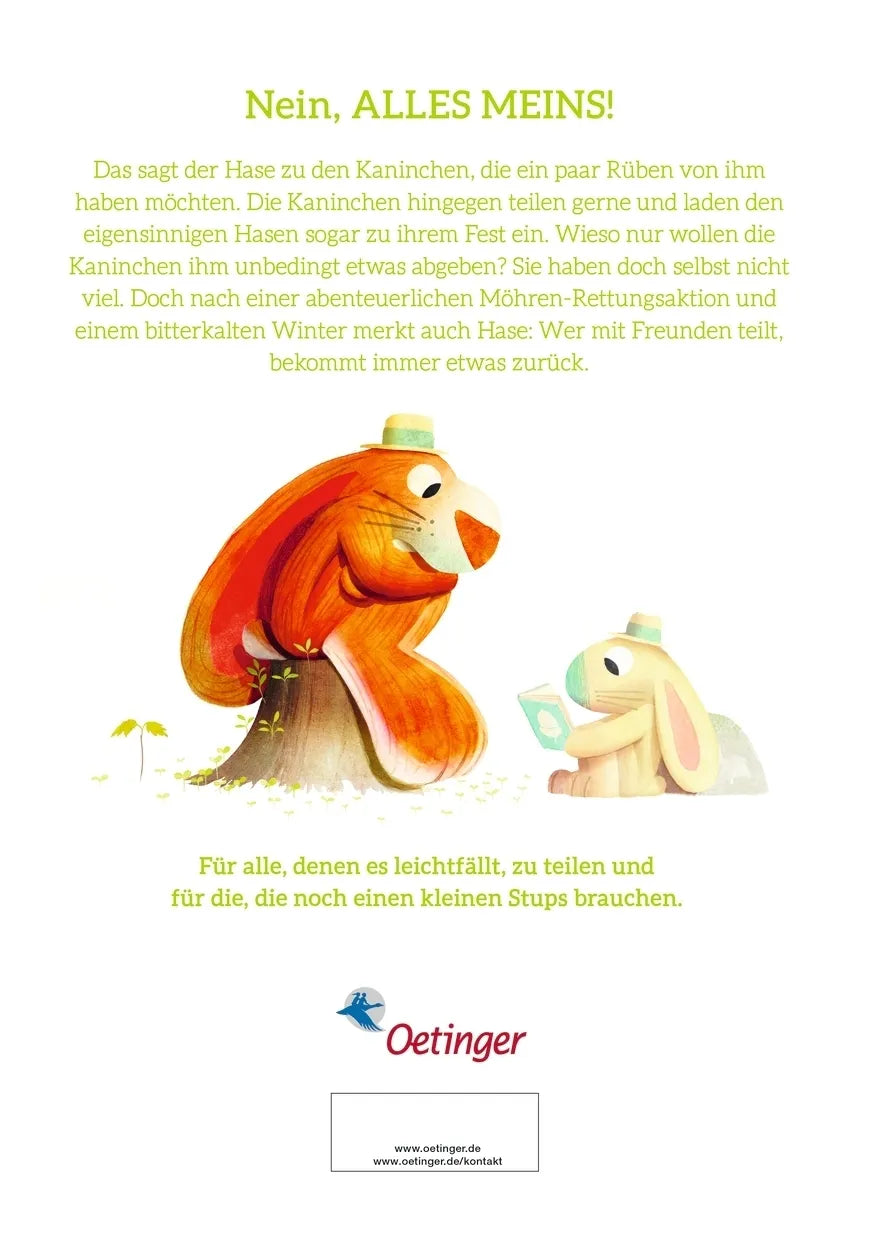 Buchrückseite von 'Meins! Der Hase, der nicht teilen wollte' mit Klappentext - Gebundene Ausgabe