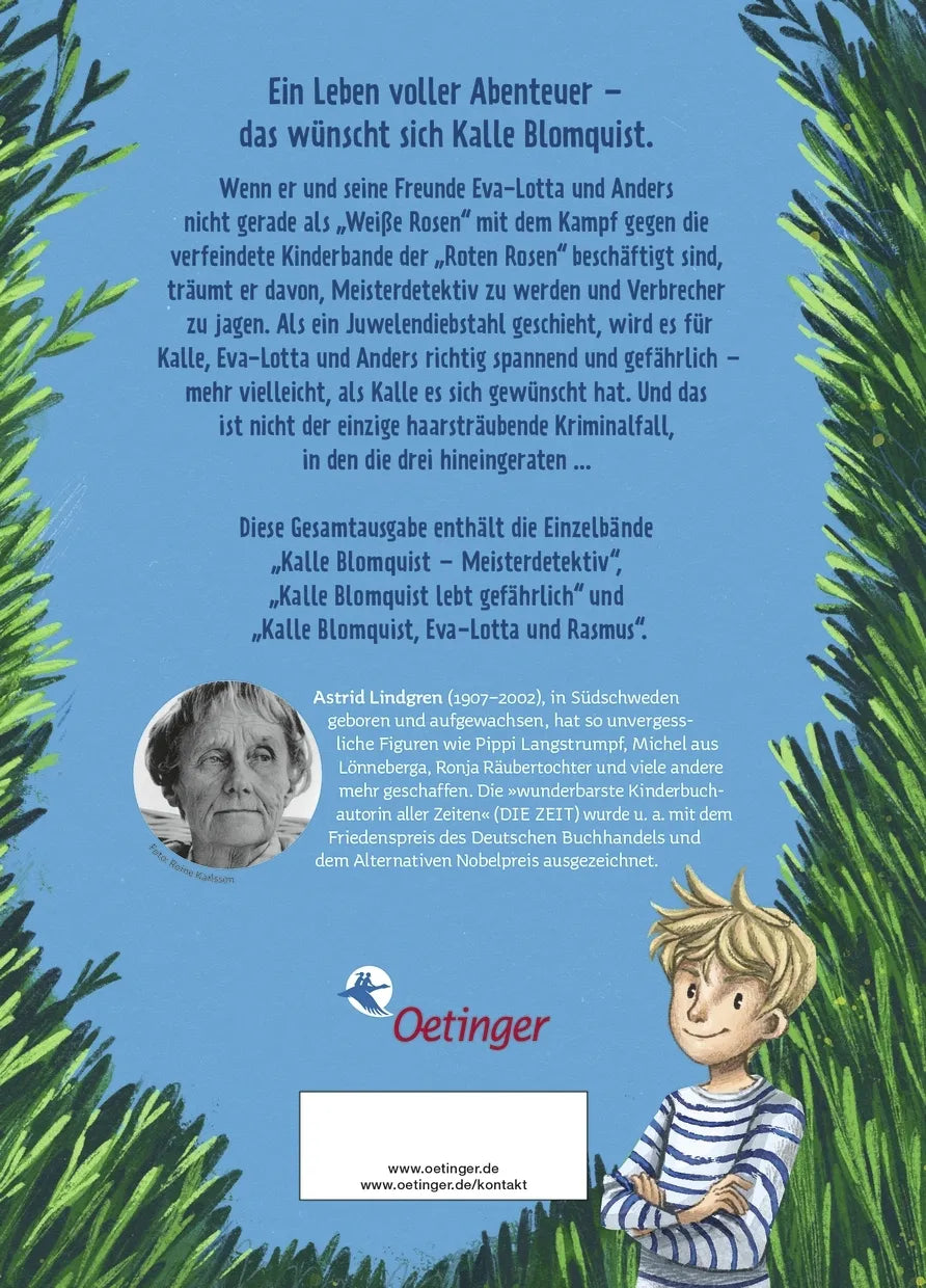 Buchrückseite von 'Meisterdetektiv Kalle Blomquist' mit Klappentext - Gebundene Ausgabe