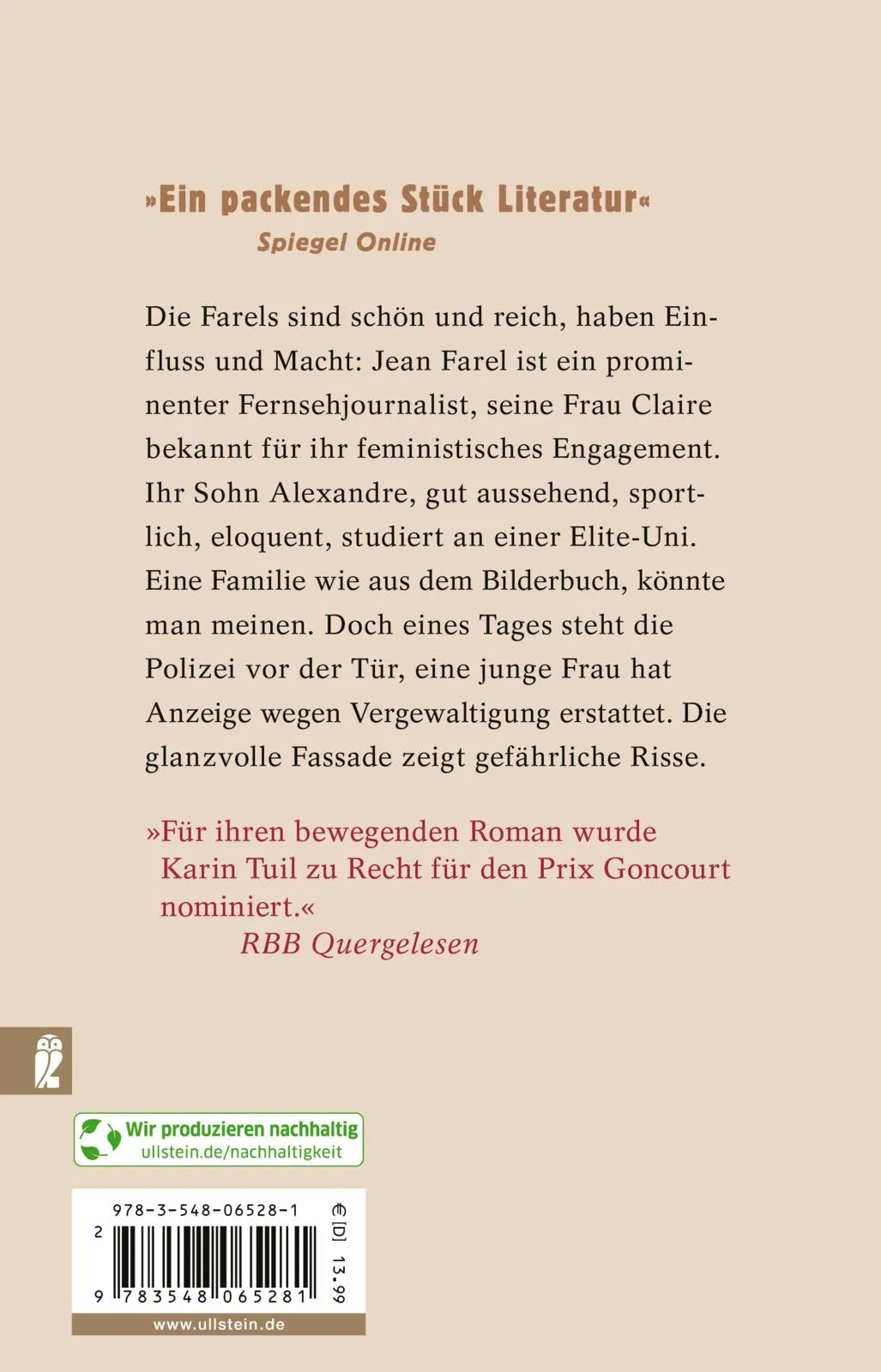 Buchrückseite von 'Menschliche Dinge' mit Klappentext - Taschenbuch