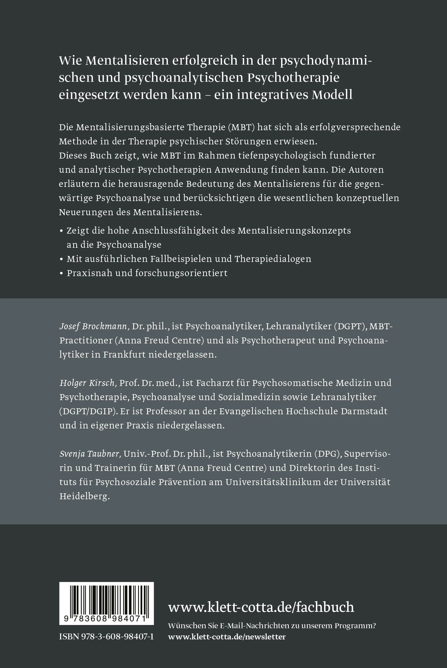Buchrückseite von 'Mentalisieren in der psychodynamischen und psychoanalytischen Psychotherapie' mit Klappentext - Gebundene Ausgabe