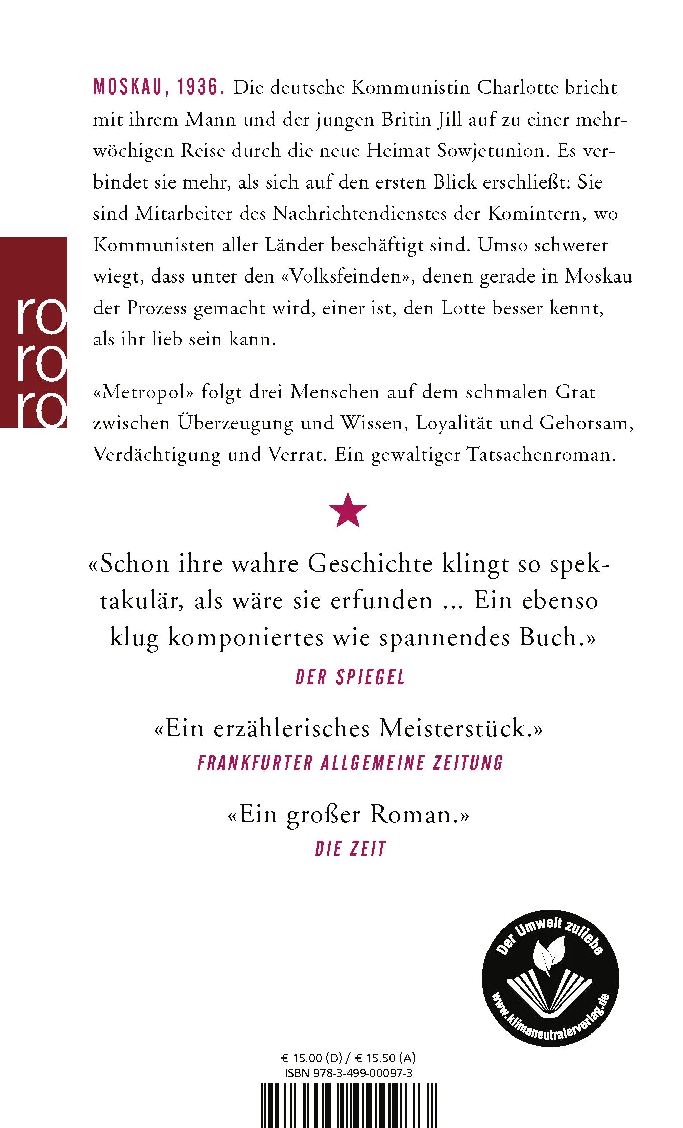 Buchrückseite von 'Metropol' mit Klappentext - Taschenbuch