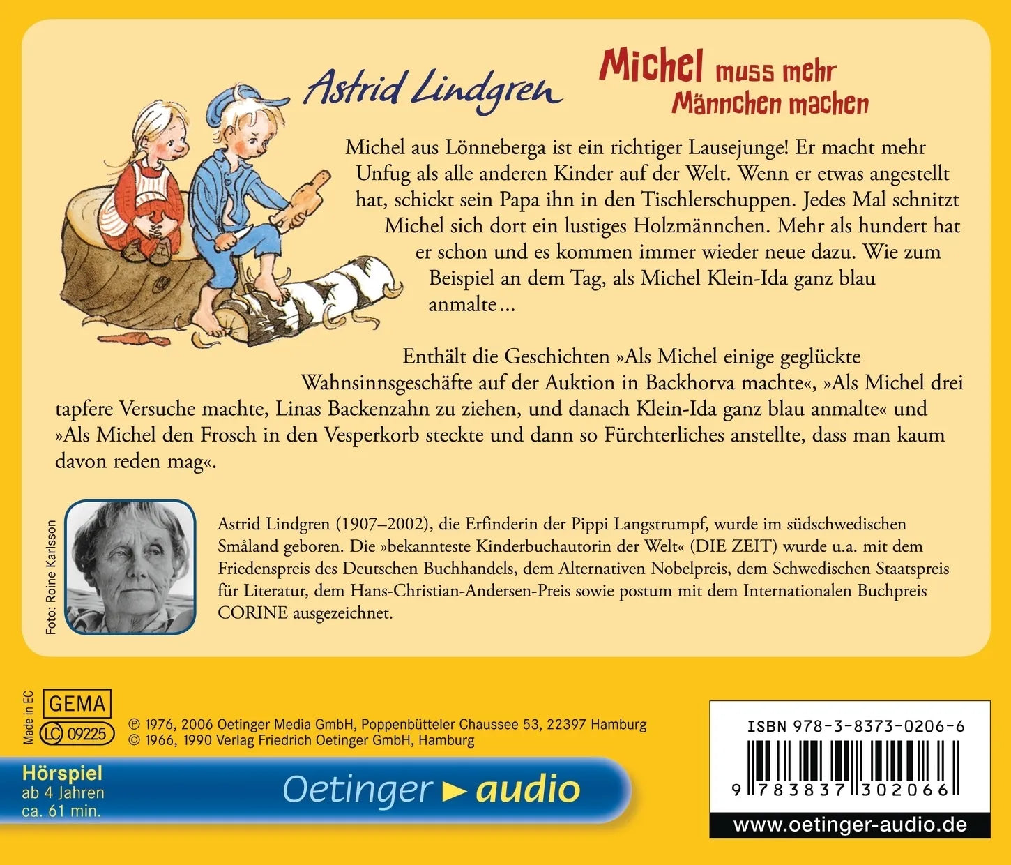 Buchrückseite von 'Michel aus Lönneberga 2. Michel muss mehr Männchen machen. Hörspielklassiker' mit Klappentext - Hörbuch (CD)