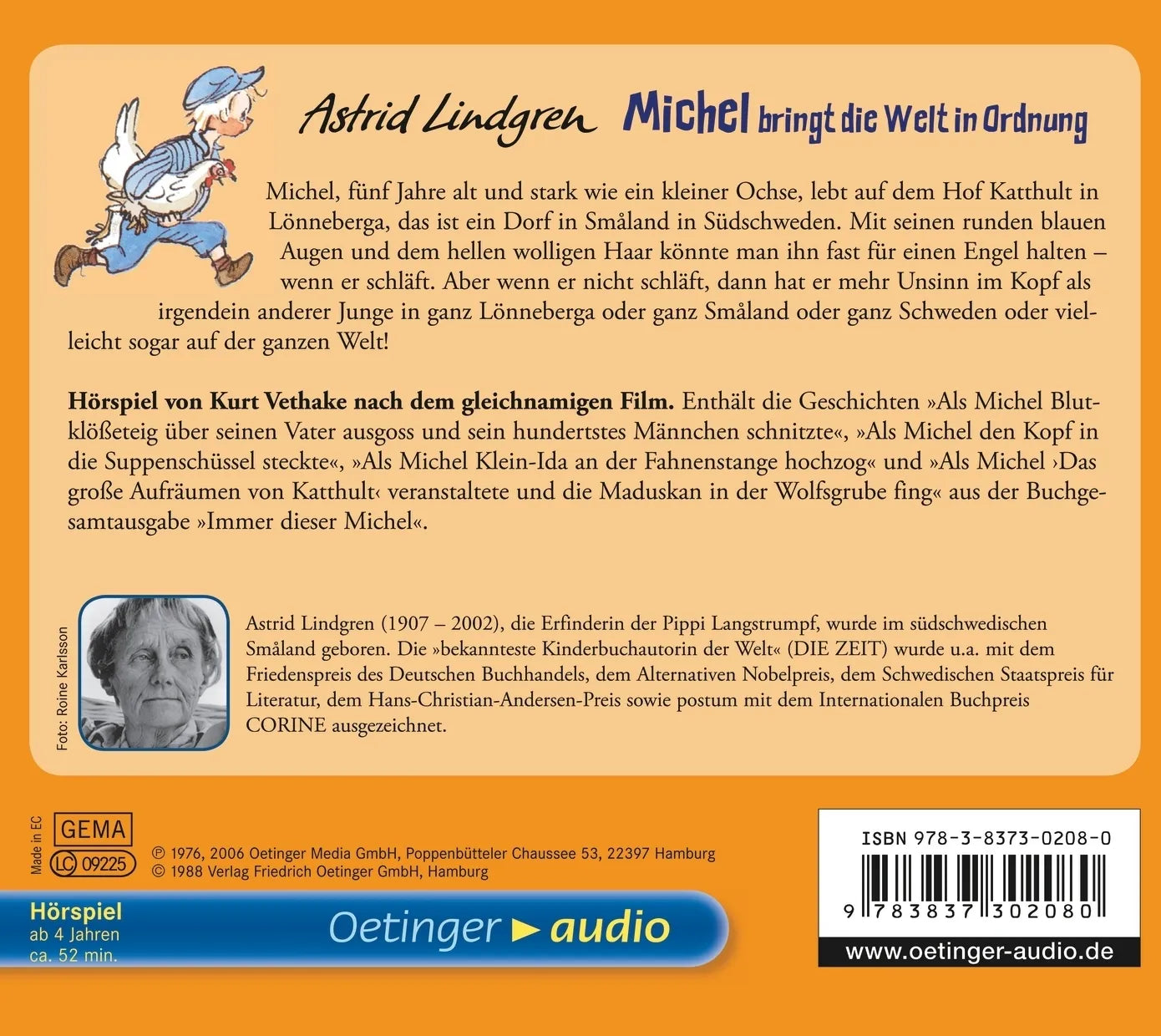 Buchrückseite von 'Michel aus Lönneberga 3. Michel bringt die Welt in Ordnung. Hörspielklassiker' mit Klappentext - Hörbuch (CD)