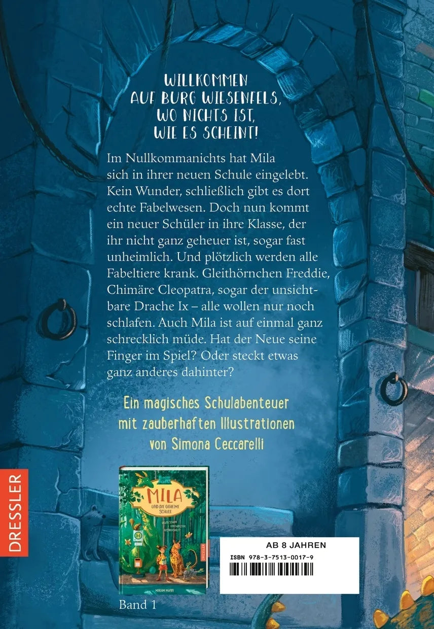 Buchrückseite von 'Mila und die geheime Schule 2. Schlafende Drachen weckt man nicht' mit Klappentext - Gebundene Ausgabe