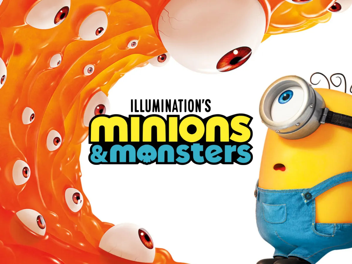 Minion neben einem orangefarbenen Monster mit vielen Augen im Film Minions & Monster