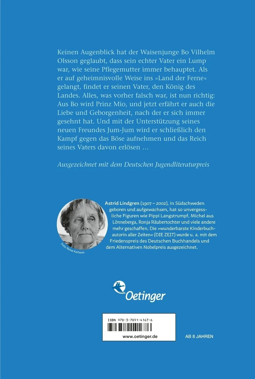 Buchrückseite von 'Mio, mein Mio' mit Klappentext - Gebundene Ausgabe