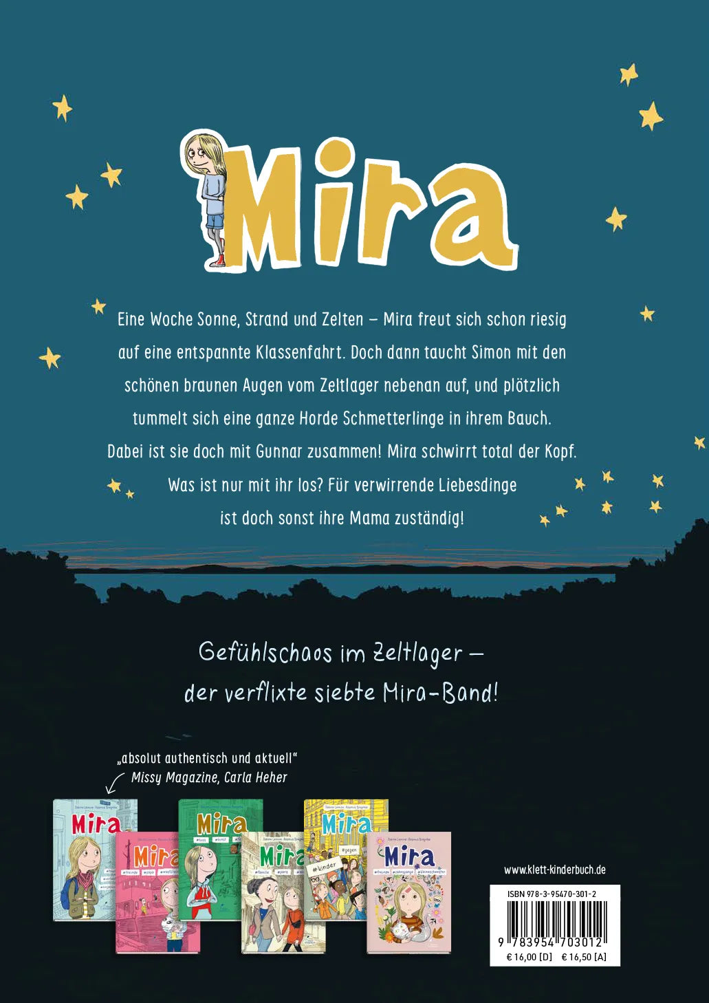 Buchrückseite von 'Mira #sommer #klassenfahrt #herzklopfen' mit Klappentext - Taschenbuch