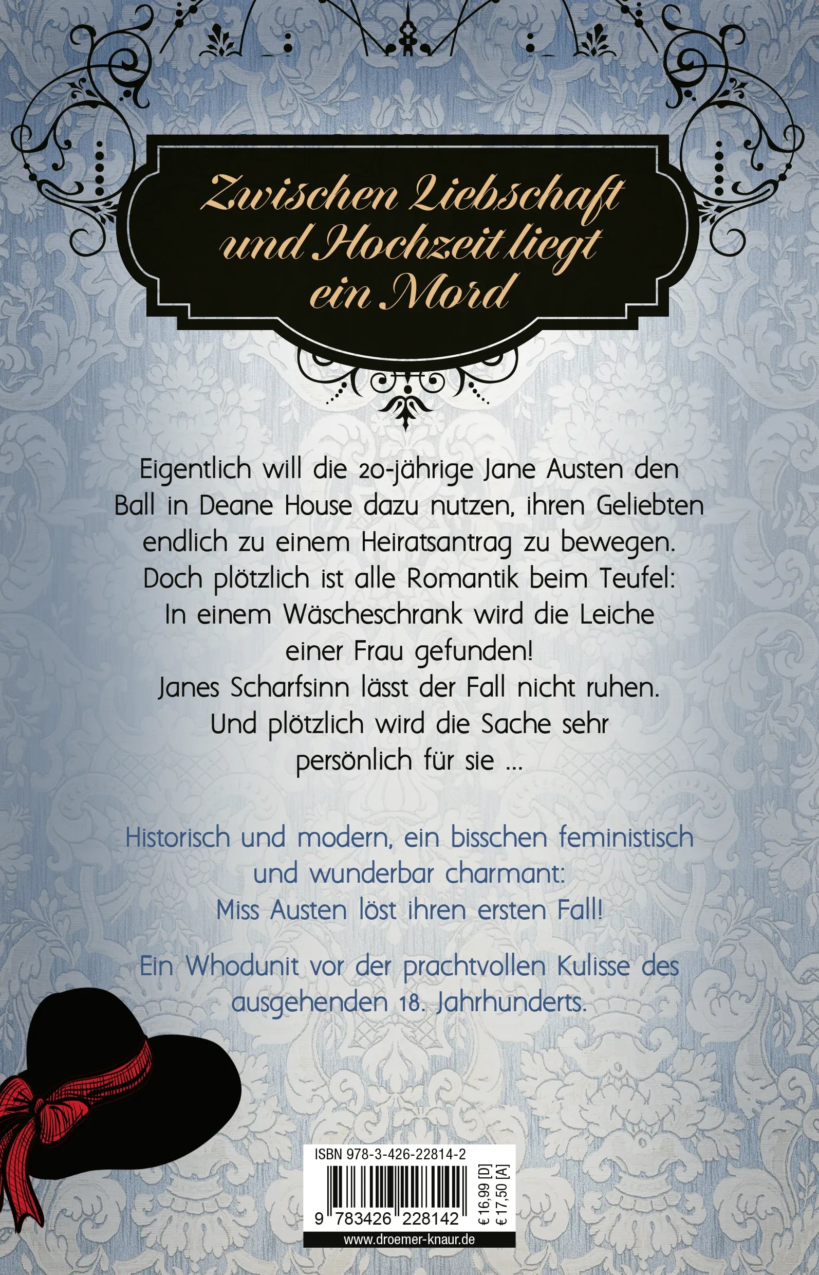 Buchrückseite von 'Miss Austen ermittelt. Die glücklose Hutmacherin' mit Klappentext - Paperback