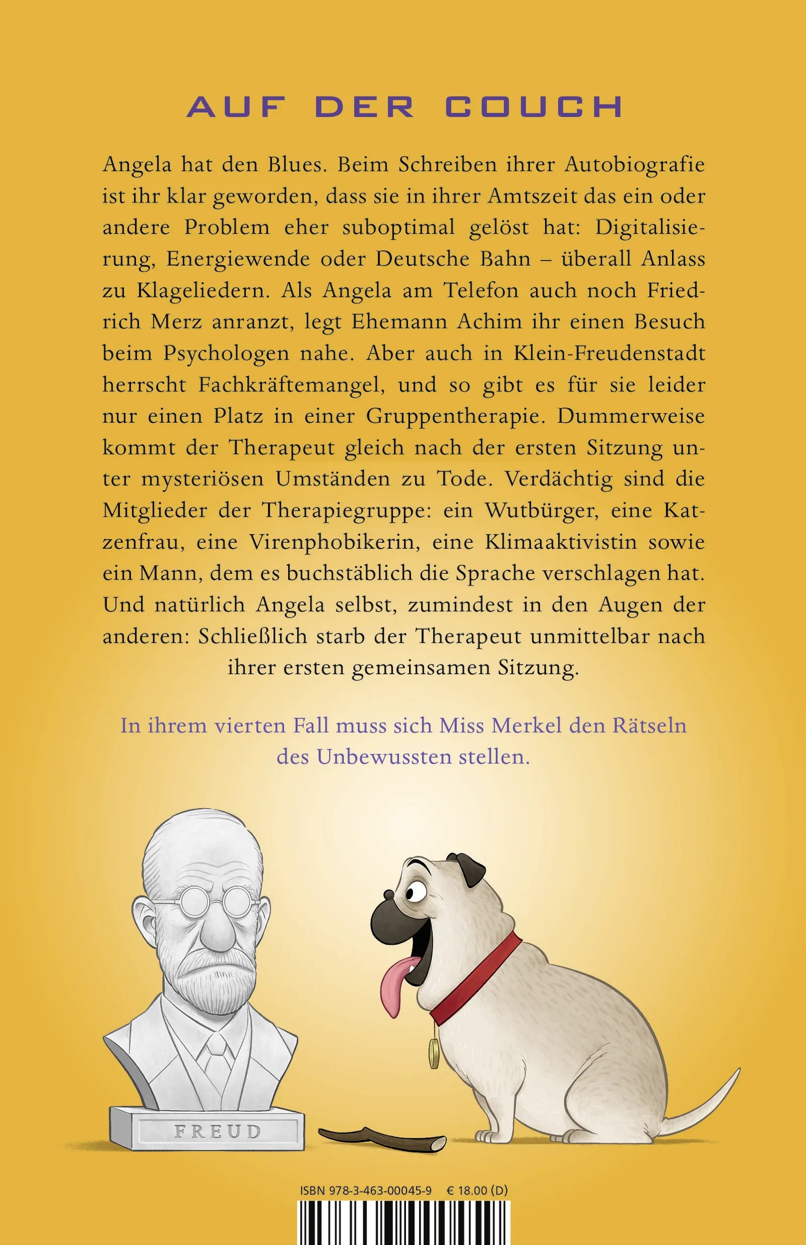 Buchrückseite von 'Miss Merkel: Mord in der Therapie' mit Klappentext - Paperback