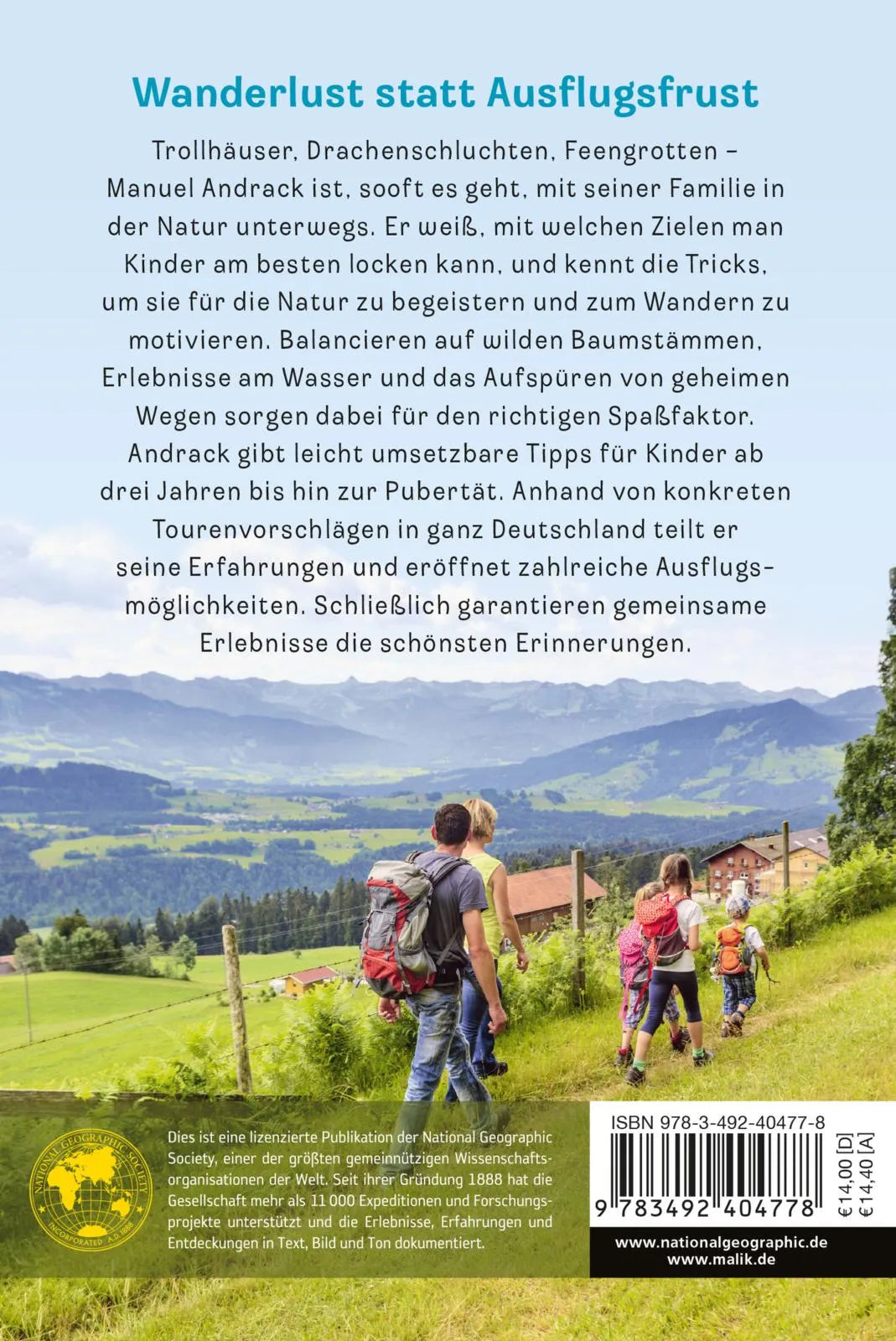 Buchrückseite von 'Mit Kindern wandern' mit Klappentext - Taschenbuch