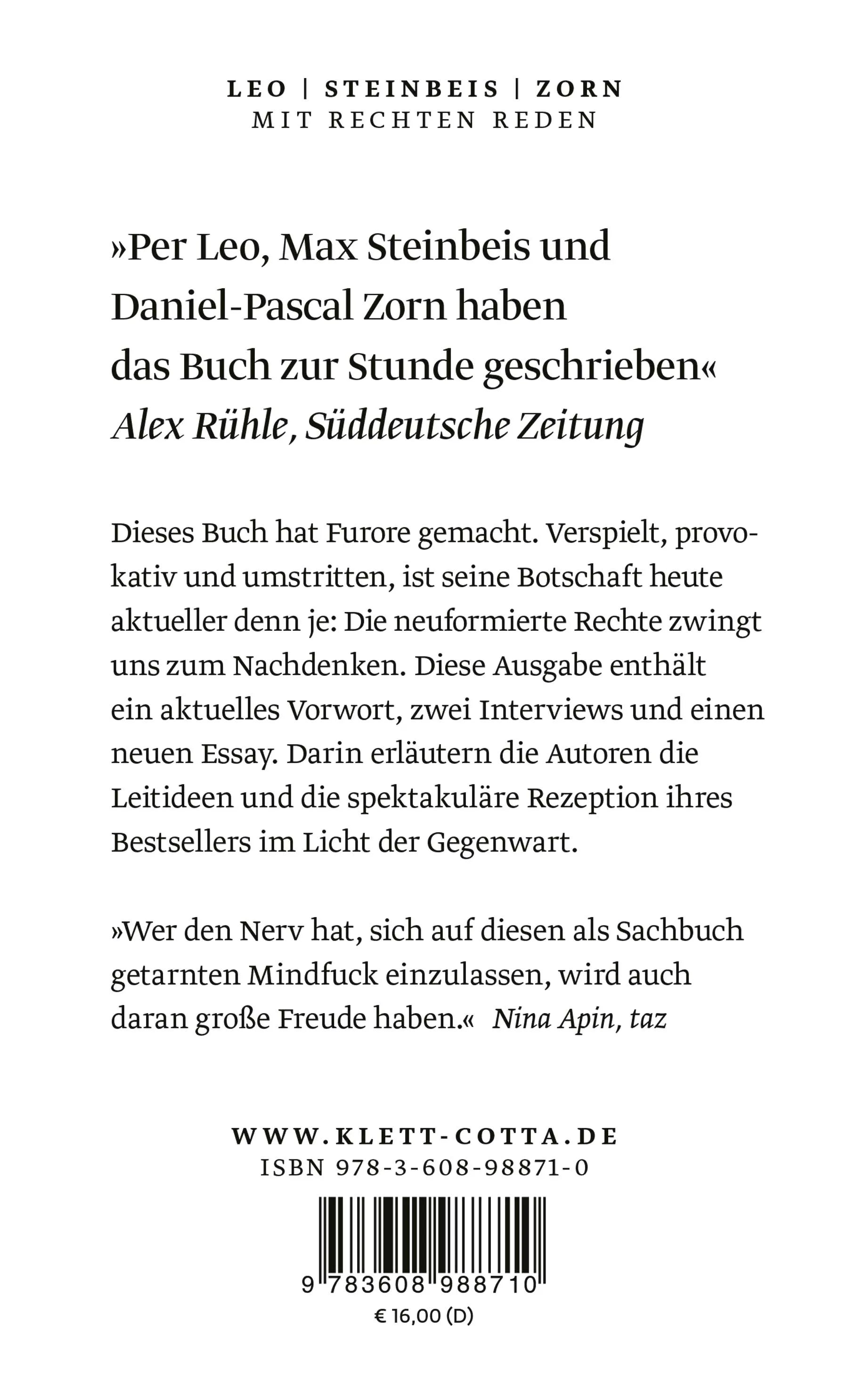 Buchrückseite von 'Mit Rechten reden' mit Klappentext - Taschenbuch