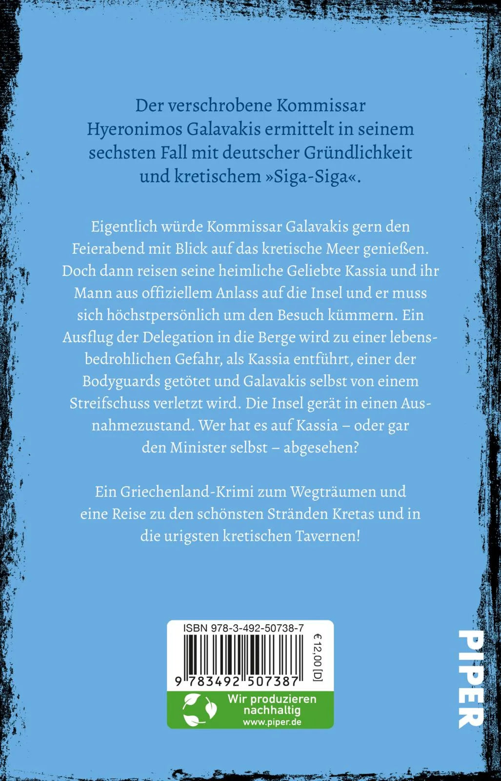 Buchrückseite von 'Mitleidloses Kreta' mit Klappentext - Taschenbuch