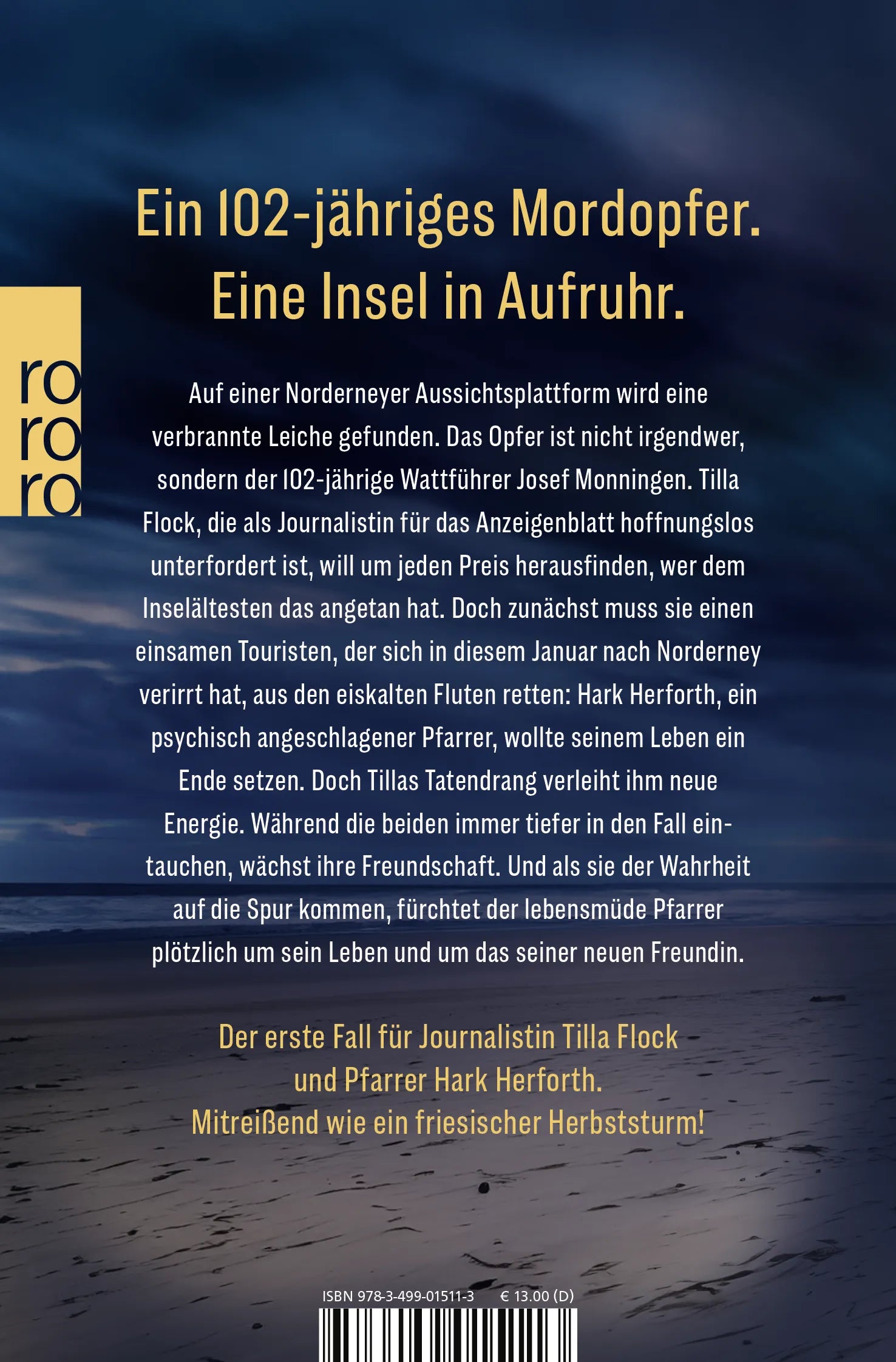 Buchrückseite von 'Mörderney: Der tote Wattführer' mit Klappentext - Taschenbuch
