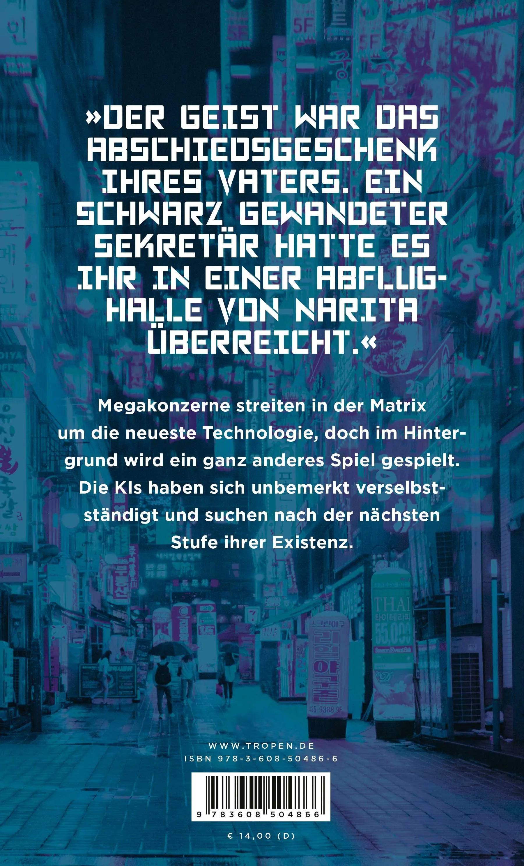 Buchrückseite von 'Mona Lisa Overdrive' mit Klappentext - Paperback