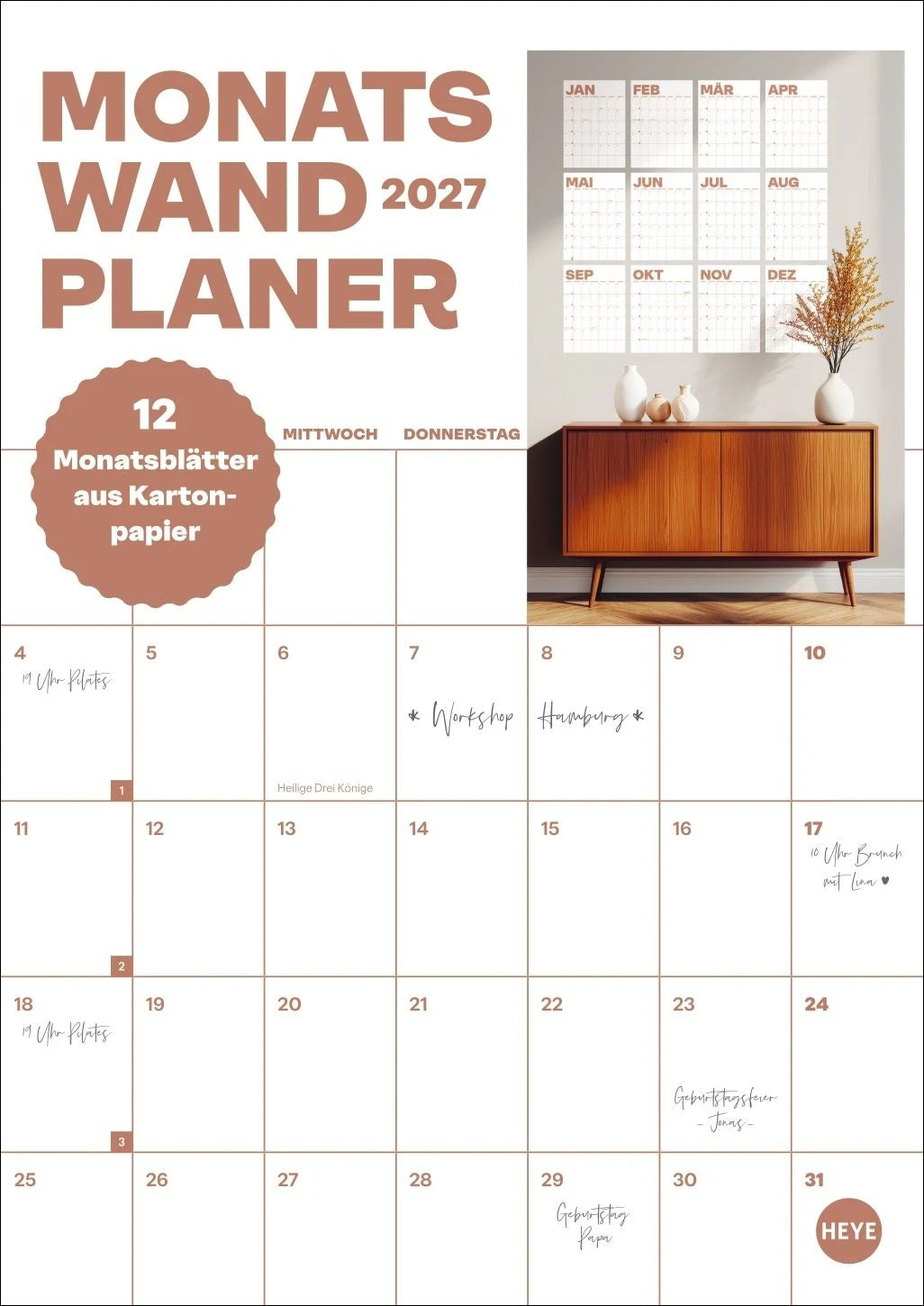 Wandkalender: Monats-Wandplaner monochrom 2027 - 12 einzelne Blätter zur individuellen Nutzung