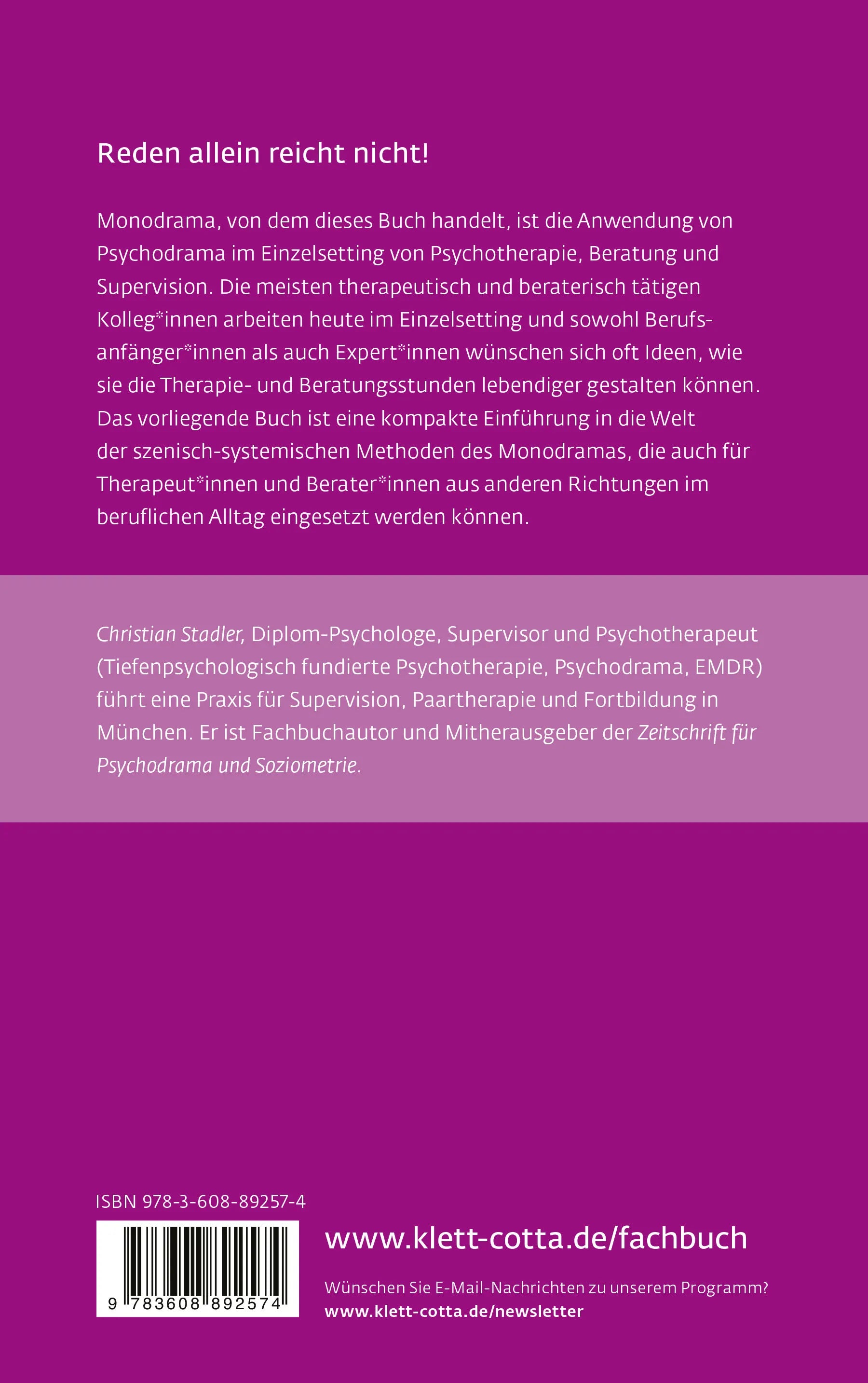 Buchrückseite von 'Monodrama - Szenisch-systemisches Arbeiten im Einzelsetting' mit Klappentext - Paperback