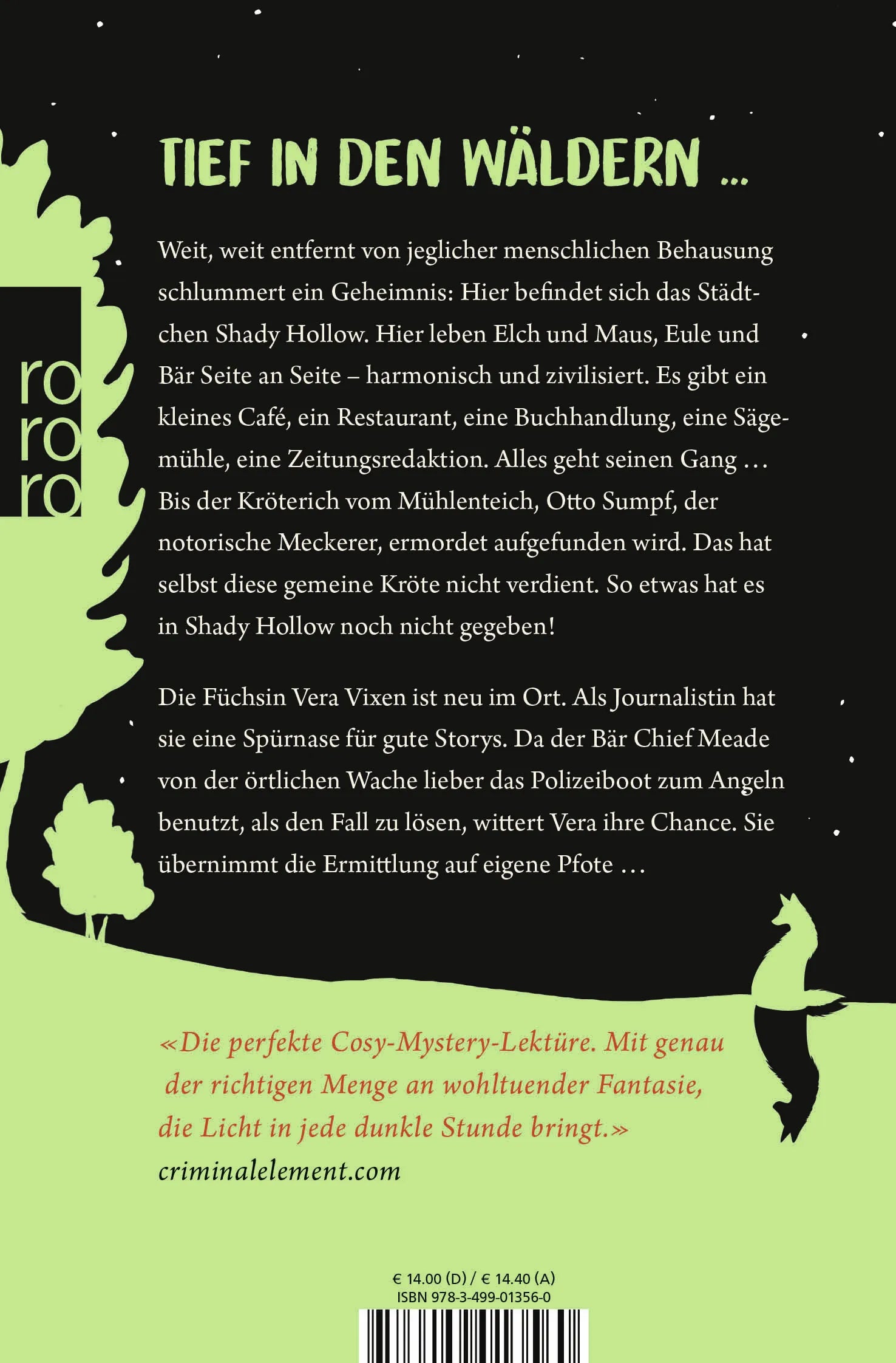 Buchrückseite von 'Mord in Shady Hollow' mit Klappentext - Taschenbuch