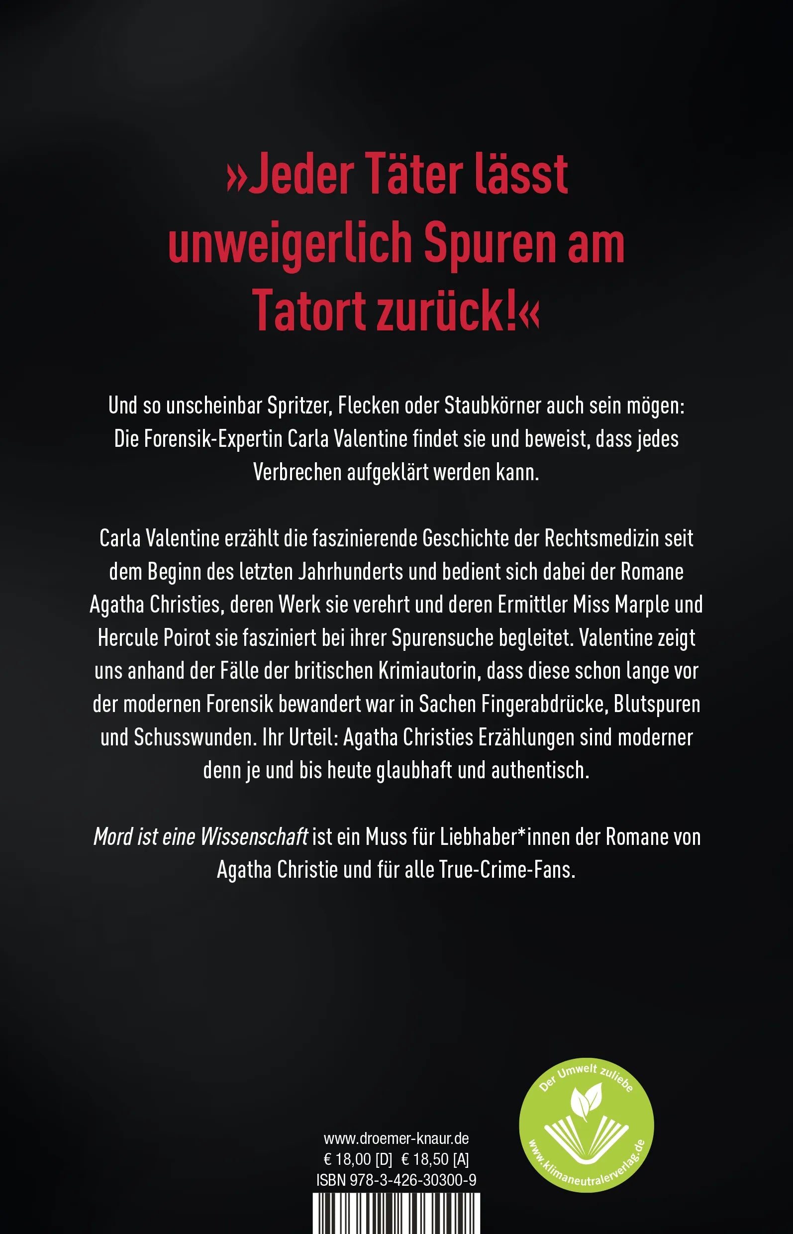 Buchrückseite von 'Mord ist eine Wissenschaft' mit Klappentext - Paperback